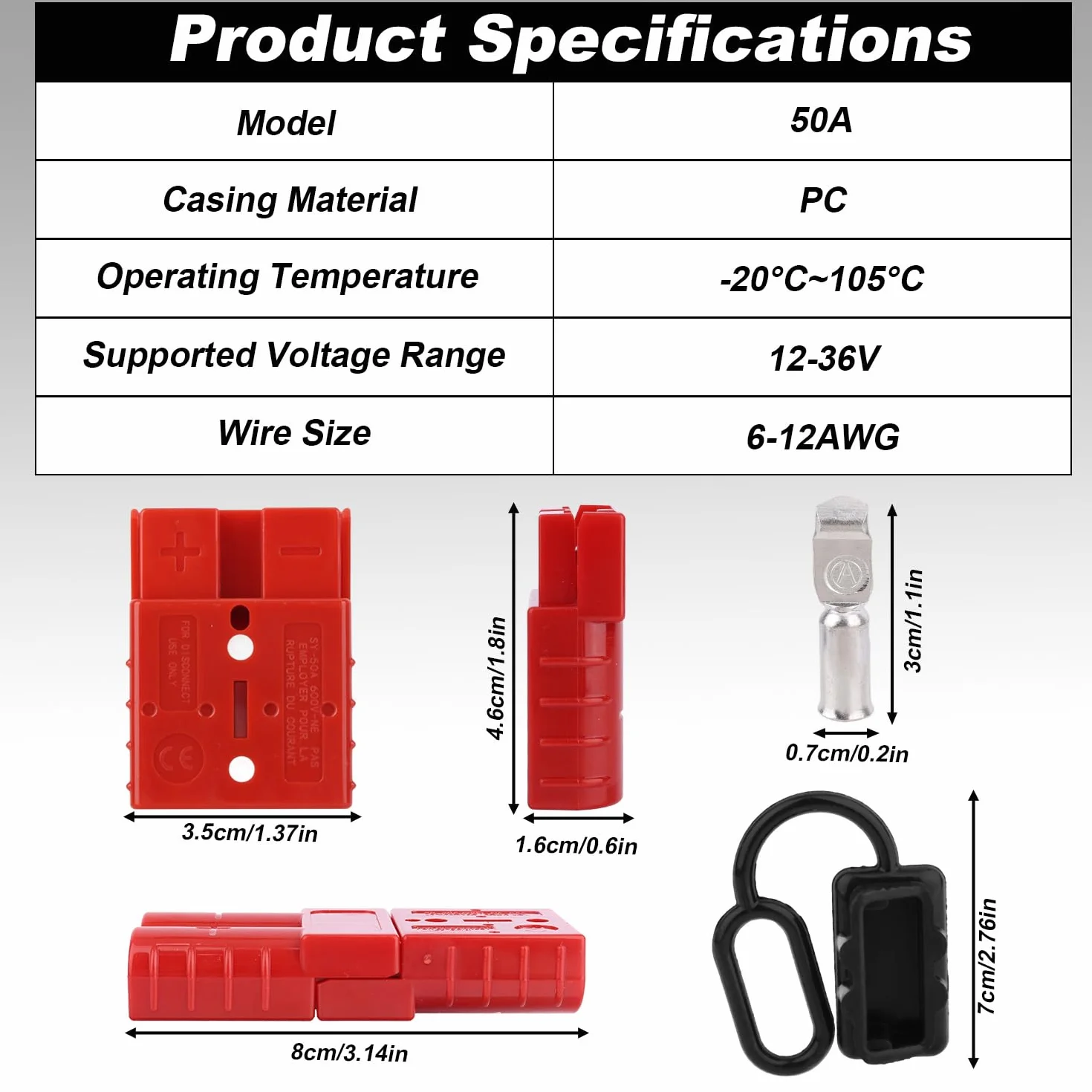Penitue 4pz Connettori, Kit di Spine Connessione & Sconnessione Batteria 50A 12V-36V per Cavi da 6 a 12 AWG per Auto Moto ATV Argani Ascensori Motori e Altro (Rosso)