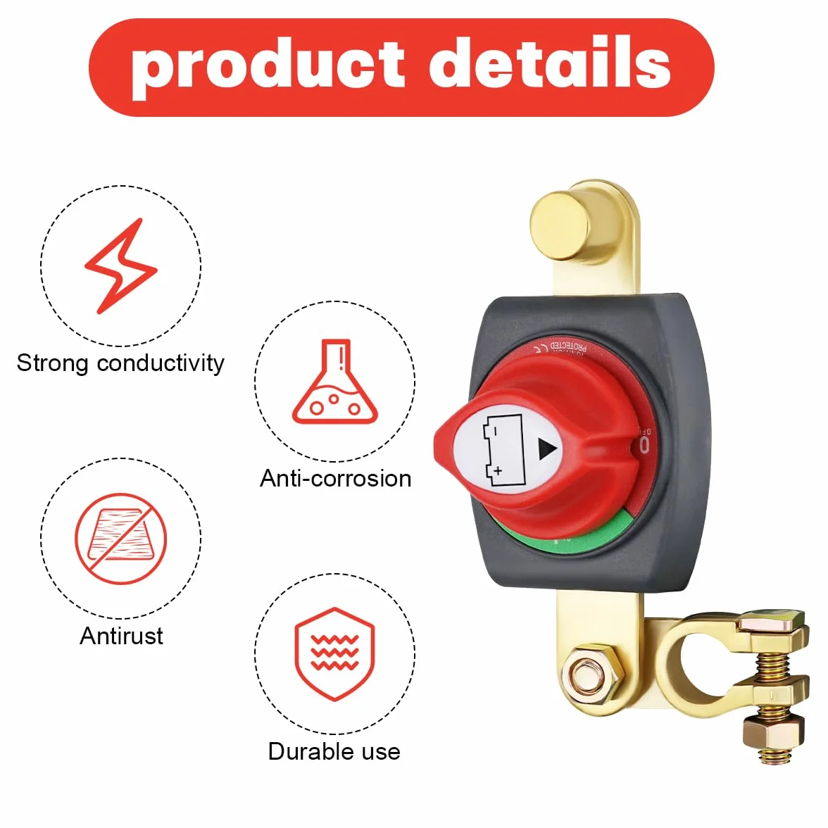 Stacca Batteria per Auto 12V/24V/48V, Regolabile 180° Interruttore di Separazione Della Batteria, Staccabatteria, per Auto, Barca, Moto, Veicoli, Camion