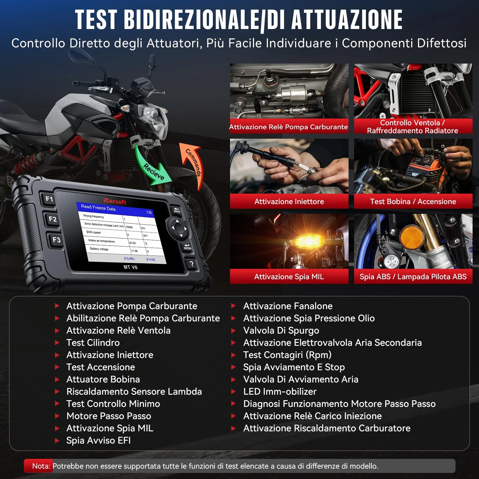 iCarsoft MT V6 Diagnostico per moto Aprilia, 88 servizi di manutenzione, 123 test bidirezionali
