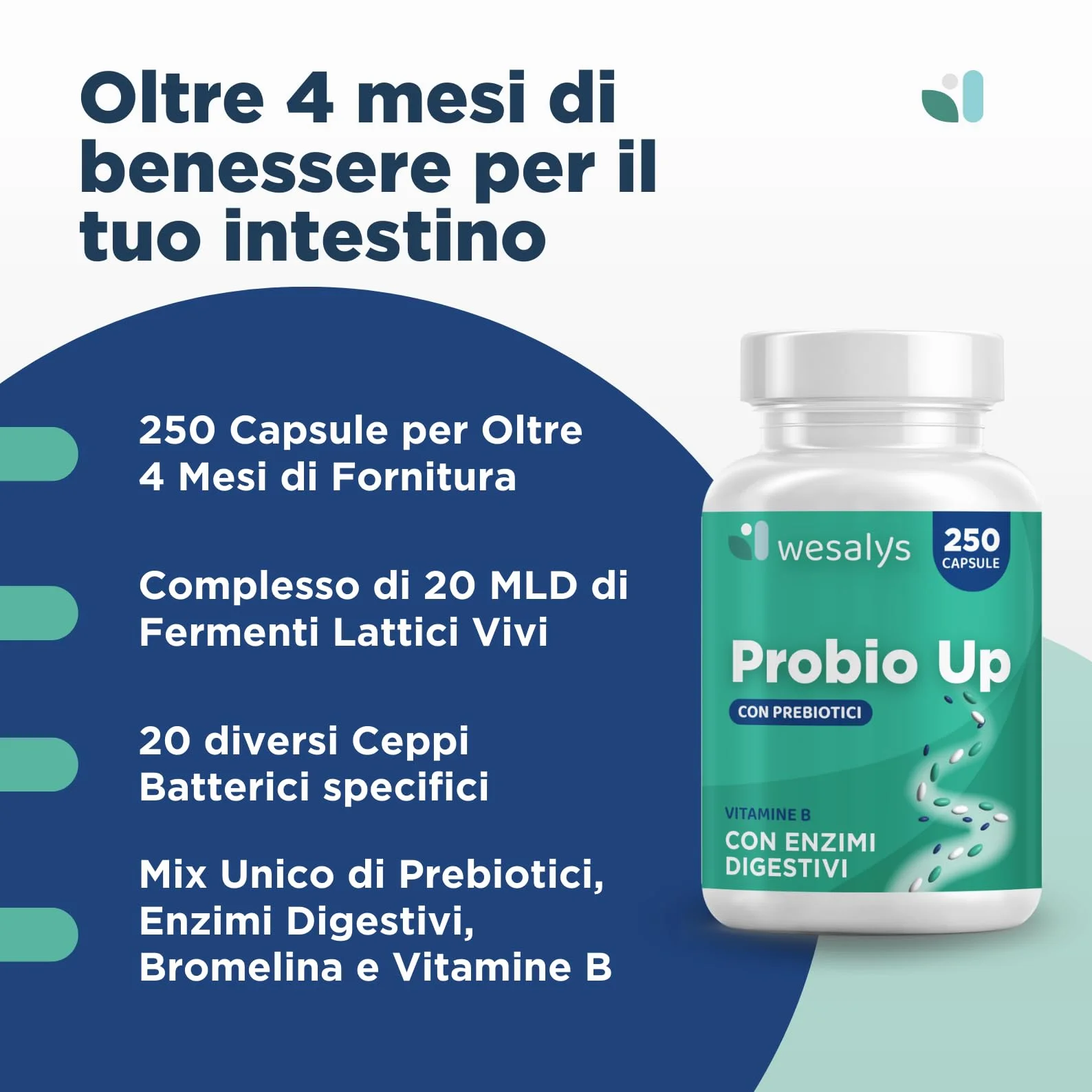 Probiotici 250 Capsule PROBIO UP 20 Ceppi Batterici Lactobacilli Bifidobatteri Inulina FOS 20 Miliardi