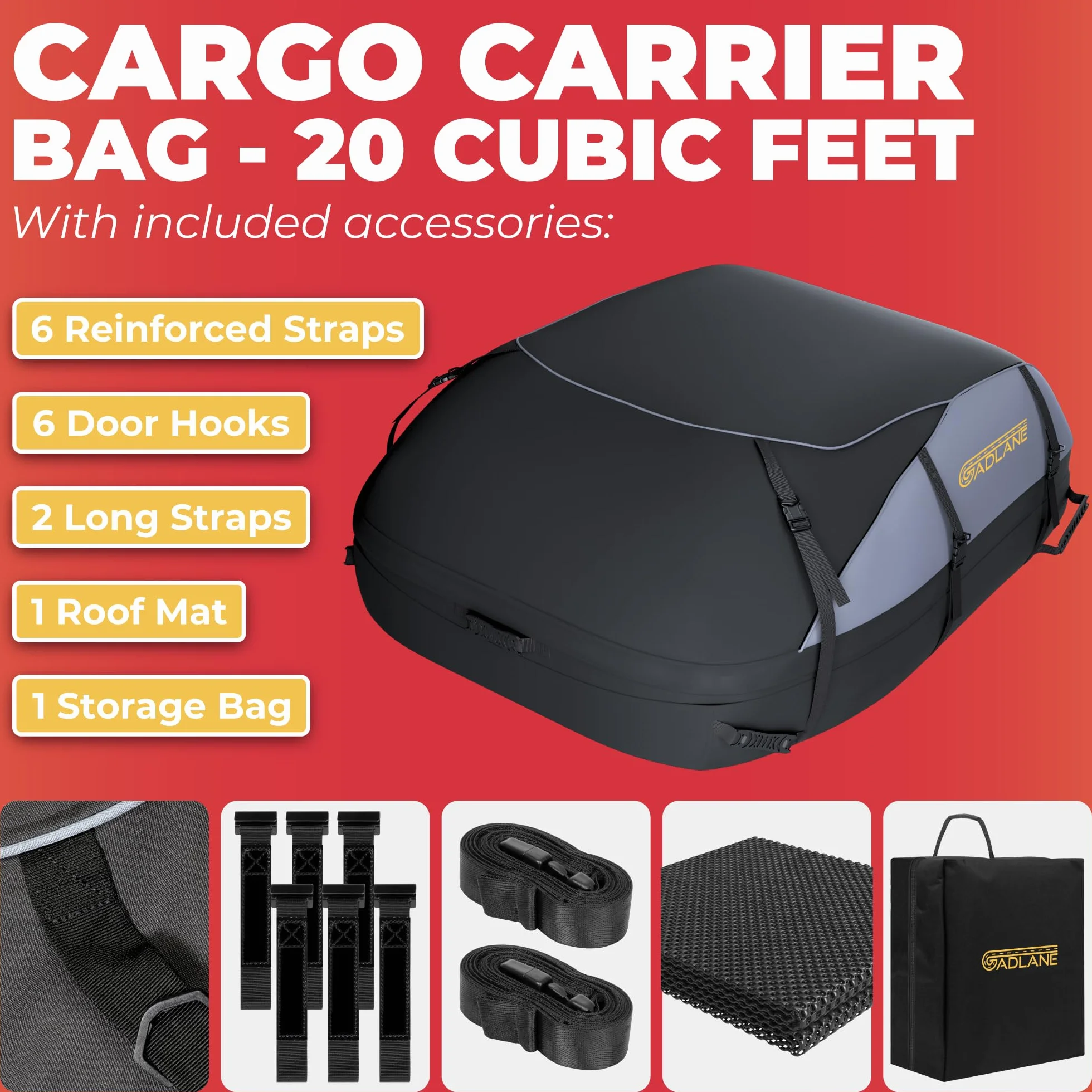GADLANE Borsa da Tetto per Auto 550L Impermeabile con 6 Cinghie Tappetino Antiscivolo