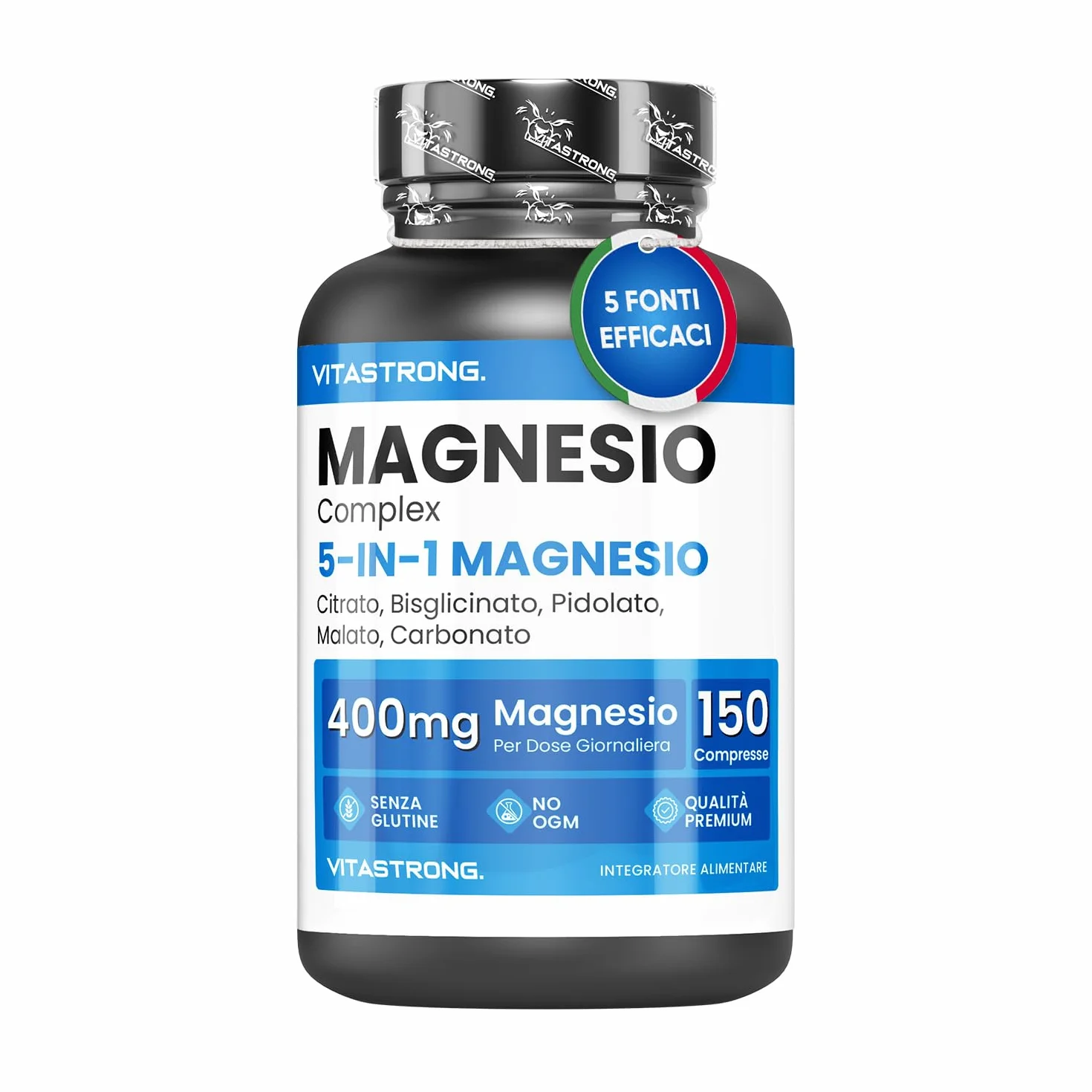 MAGNESIO COMPLETO 400mg 5 in 1 Magnesio Bisglicinato Citrato Pidolato Malato Carbonato Integratore Antistress