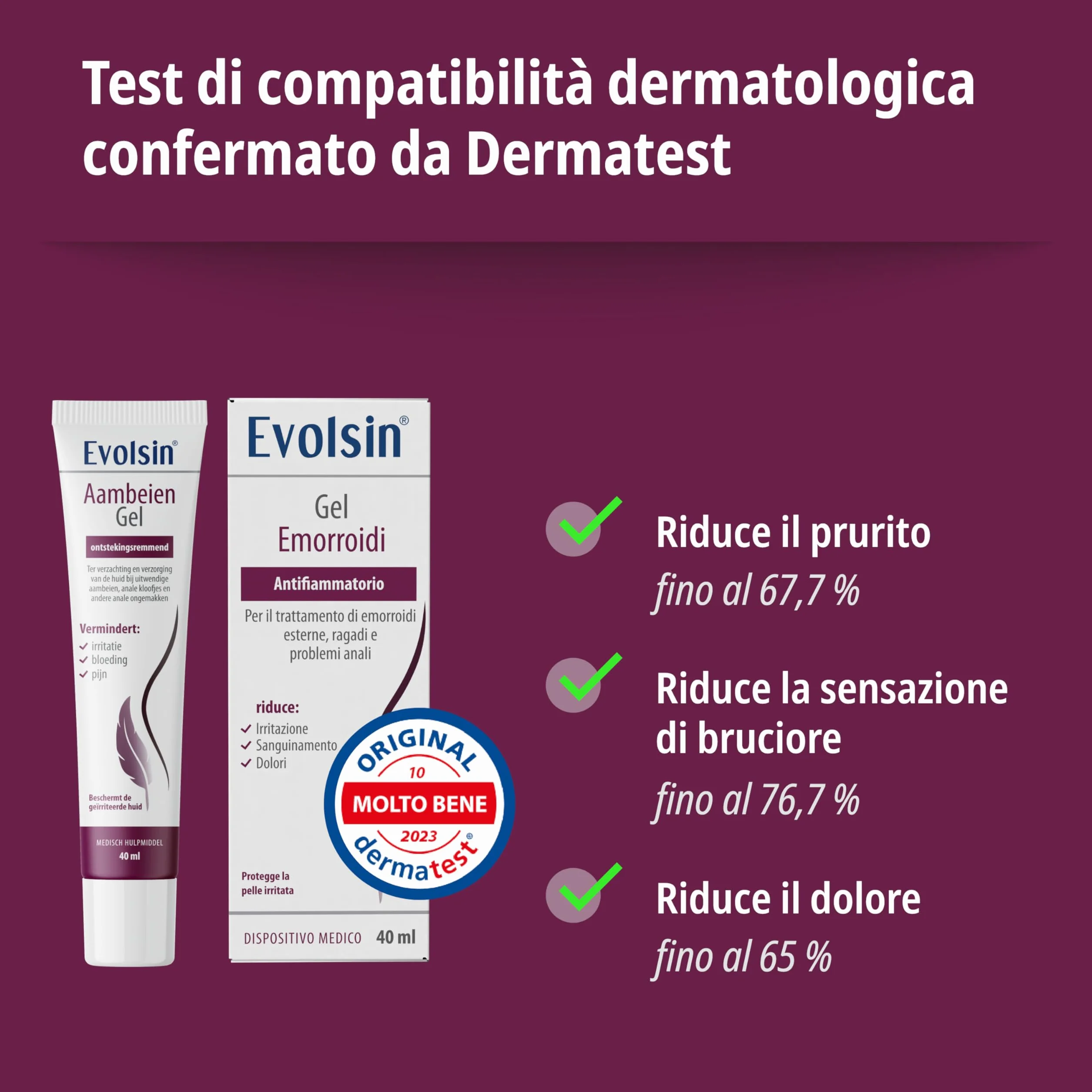 Evolsin Gel per emorroidi 40ml riduce dolore sanguinamento prurito