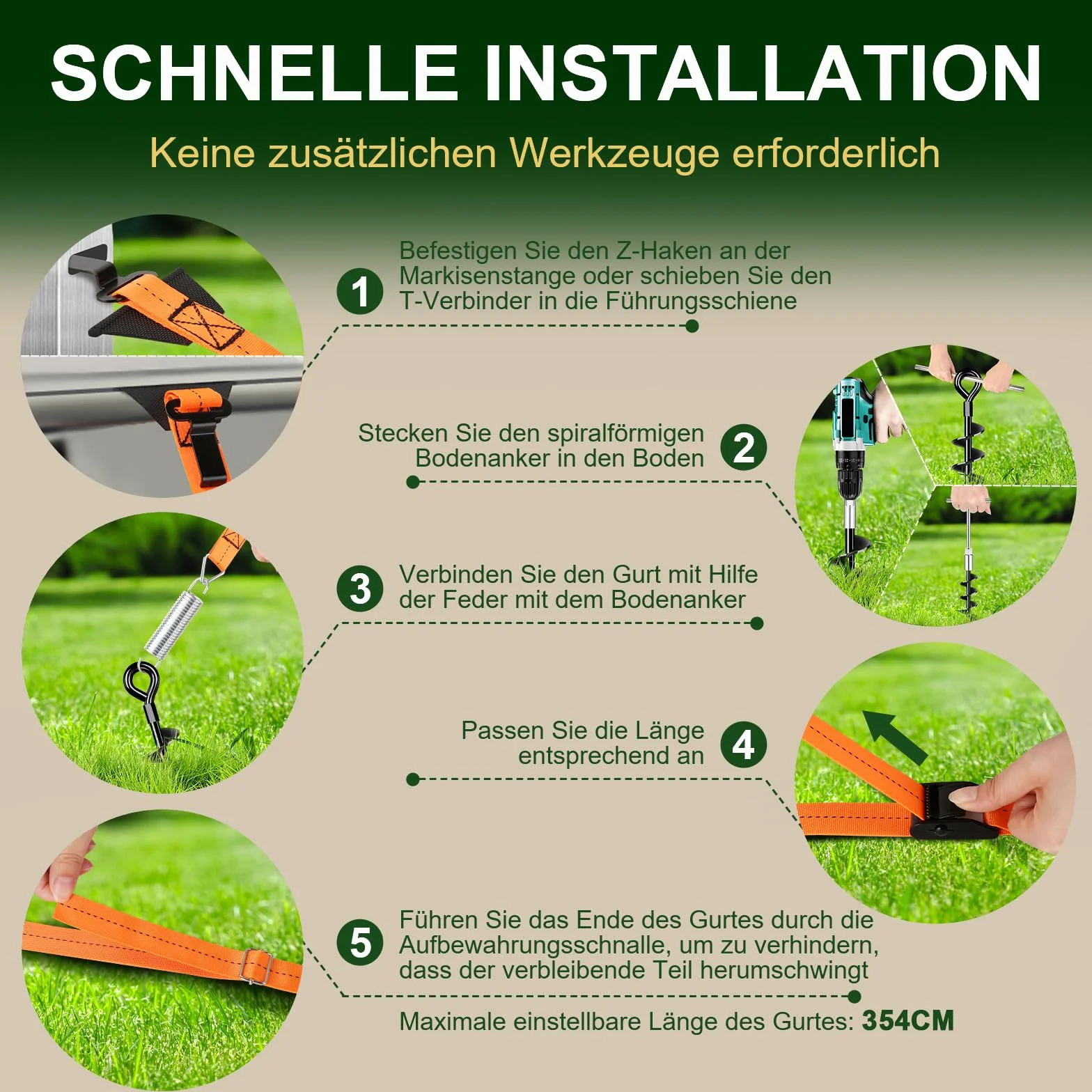 Tenda da Sole Kit Fissaggio Cinghie Anti-tempesta Set Completo con Picchetti 37cm