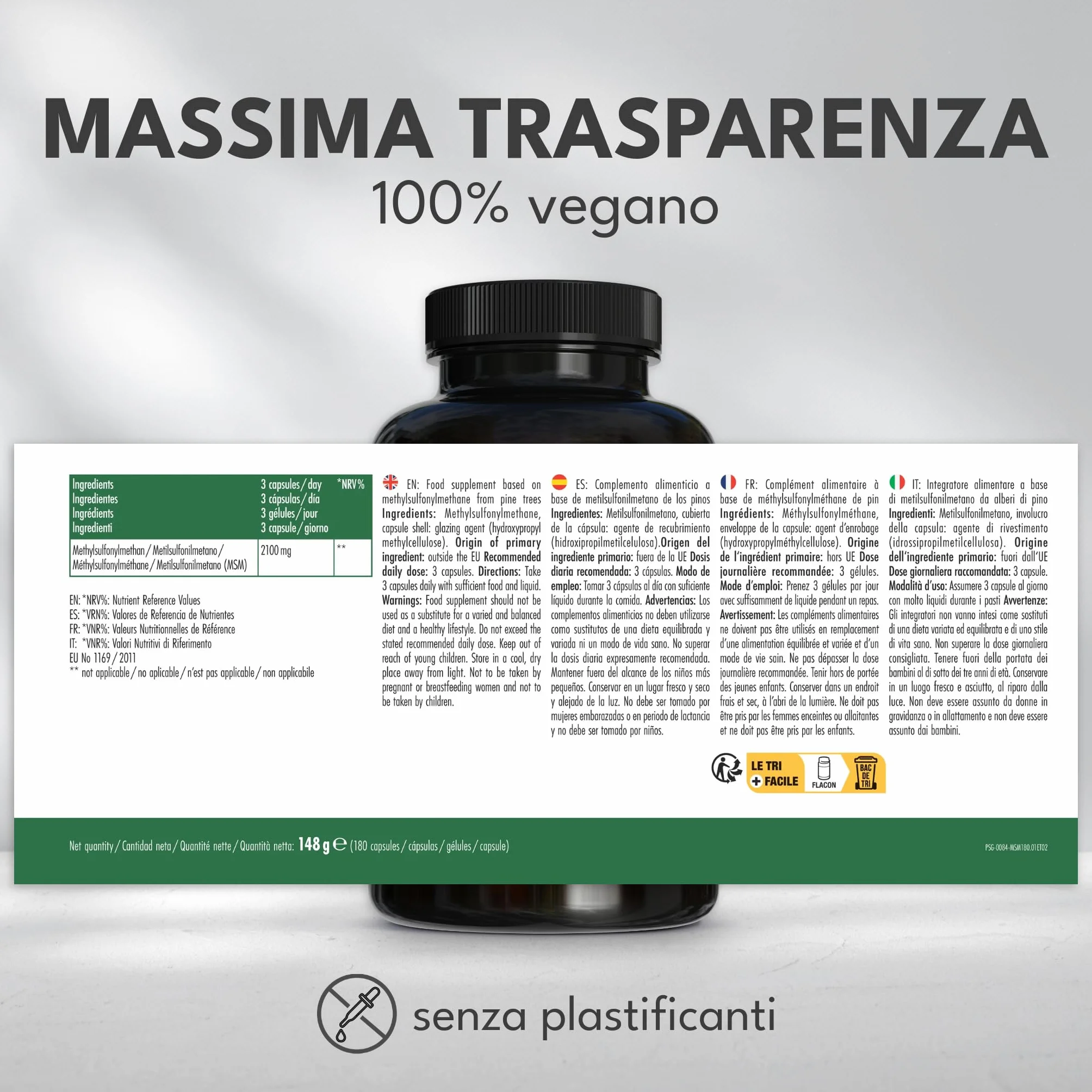 Green Naturals MSM 2100 mg Metilsulfonilmetano zolfo organico 180 capsule