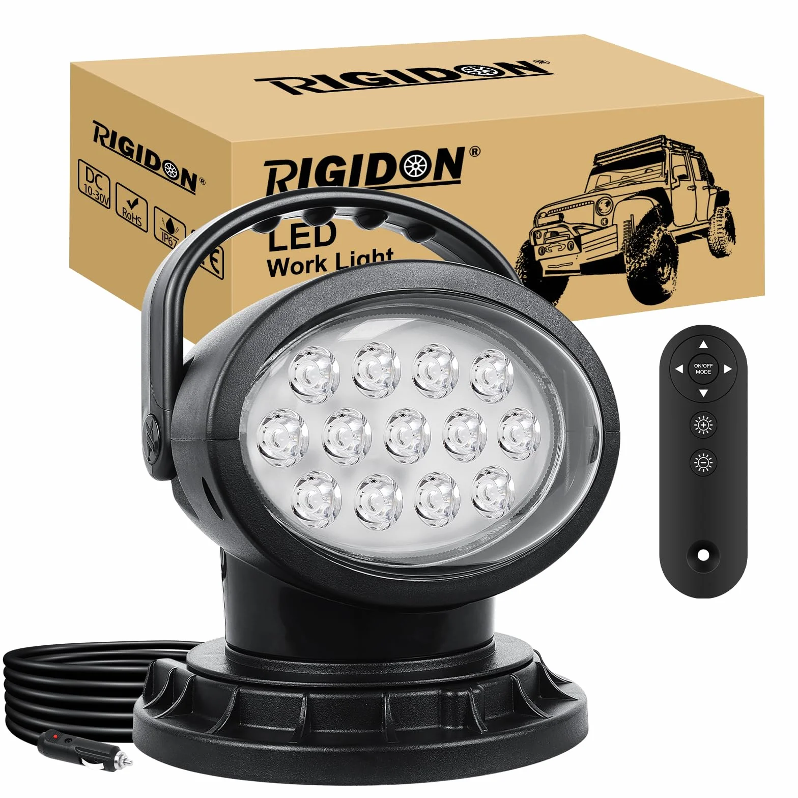 RIGIDON Strobo Faro da ricerca Led, 38W 3800LM Spotlight Rotazione 360° Telecomandato Luce da Lavoro esterno con Magnetica, Luce da Ricerca per Auto Fuoristrada Camion SUV 4x4 Barca, Faretto a led