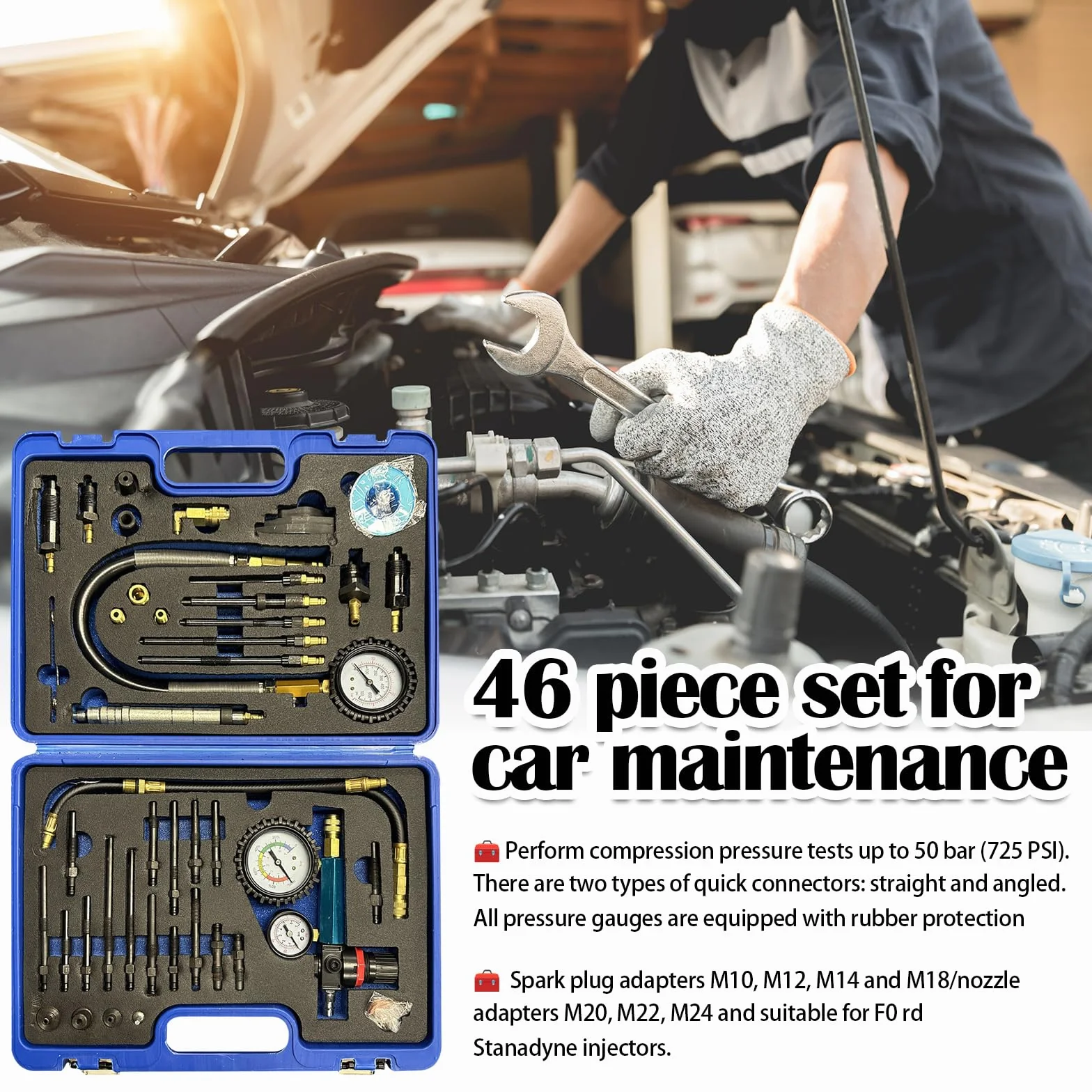 Tester Compressione, 46PCS Tester Compressione Diesel Benzina Perdita Pressione Compatibile Con Motori Diesel Benzina Auto Camion Autobus Motori Navi Agricole