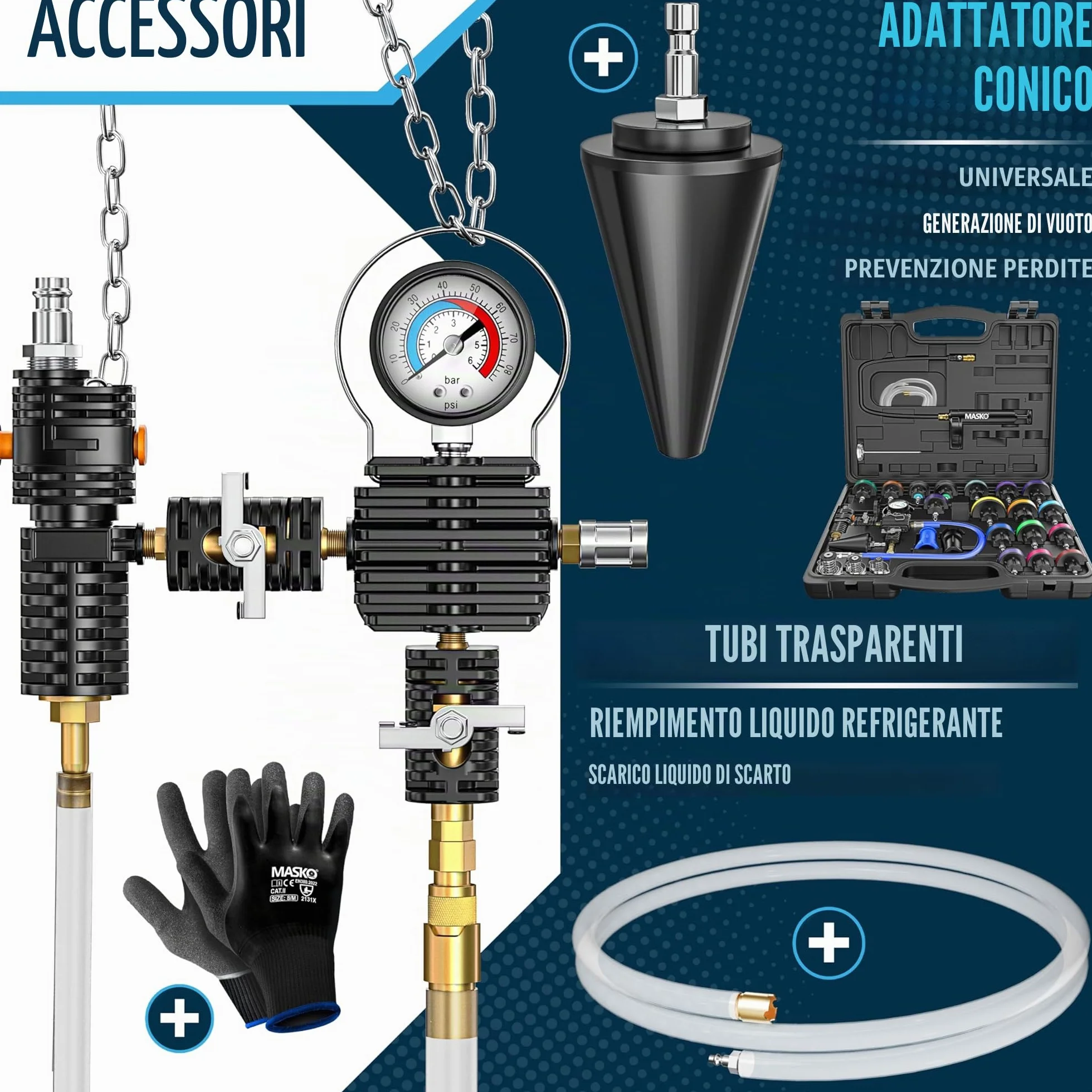 MASKO® Tester e dispositivo di spinta per sistema di raffreddamento | Controllore di pressione del radiatore, dispositivo di scarico del radiatore 28 pezzi incluso adattatore universale per radiatore