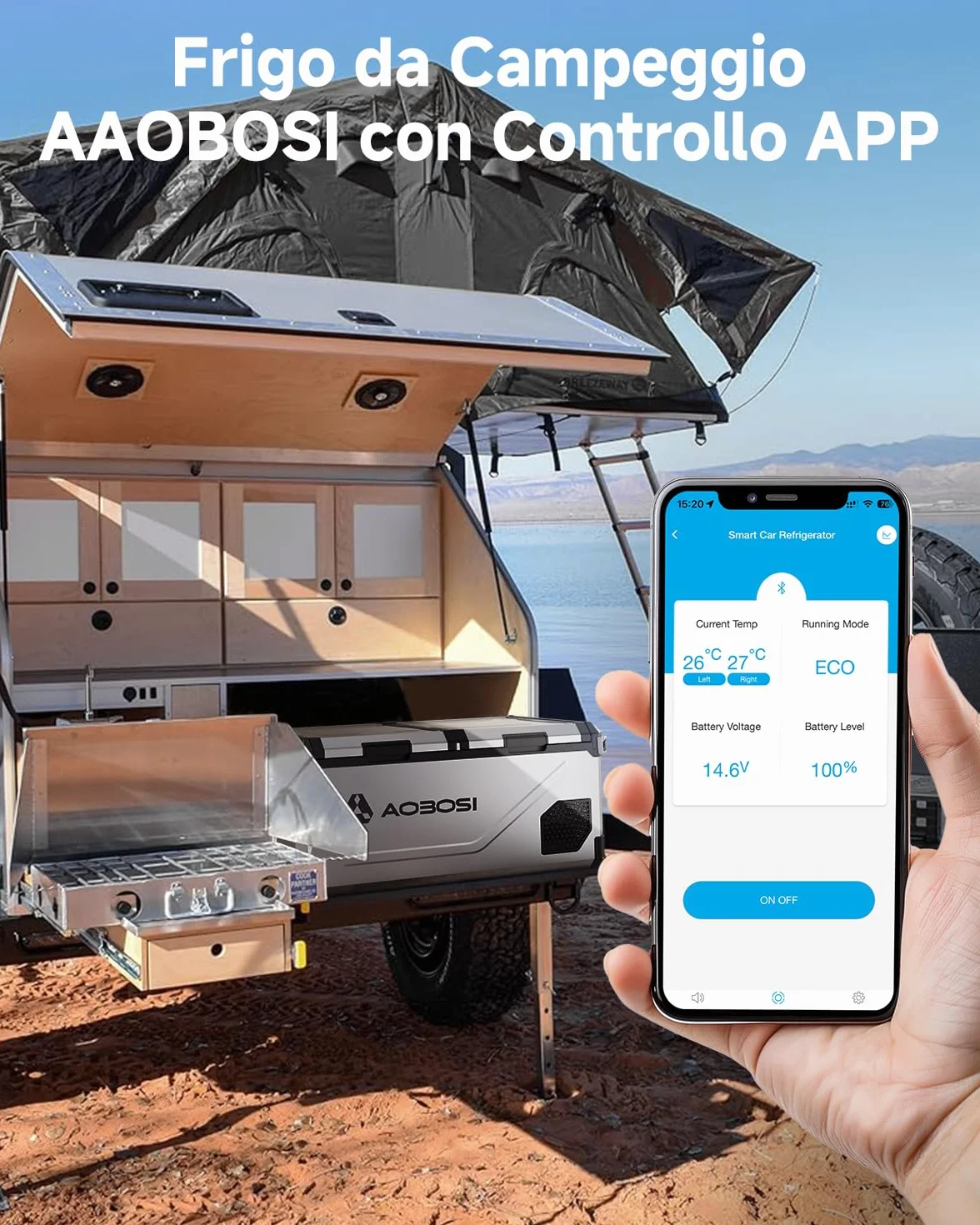 AAOBOSI Frigo Portatile Doppia Zona 75L, Scocca Acciaio Inox & Interno in Alluminio Stampato, 12/24V & 100-240V, Frigo Da Campeggio APP Controllo,Frigorifero Per Auto, Camper，Nautica. Contenitore