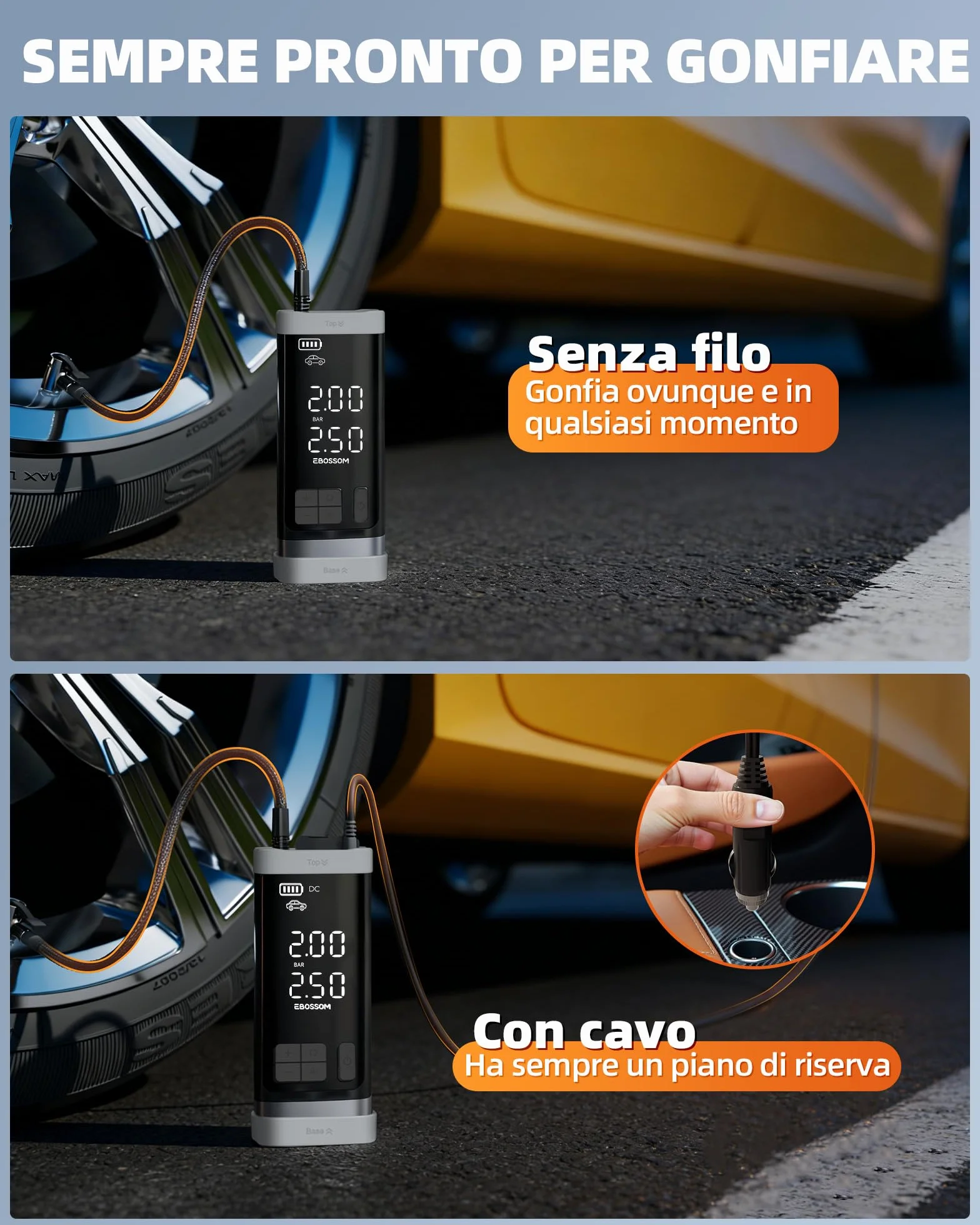 Compressore Aria Portatile Auto, Compressore 10,3Bar, Pompa D'aria Multifunzione a Motore Bicilindrico Con 2500 mAh, Kit Di Emergenza per Veicoli Grandi, Pick-up, Motori. Con Illuminazione Led