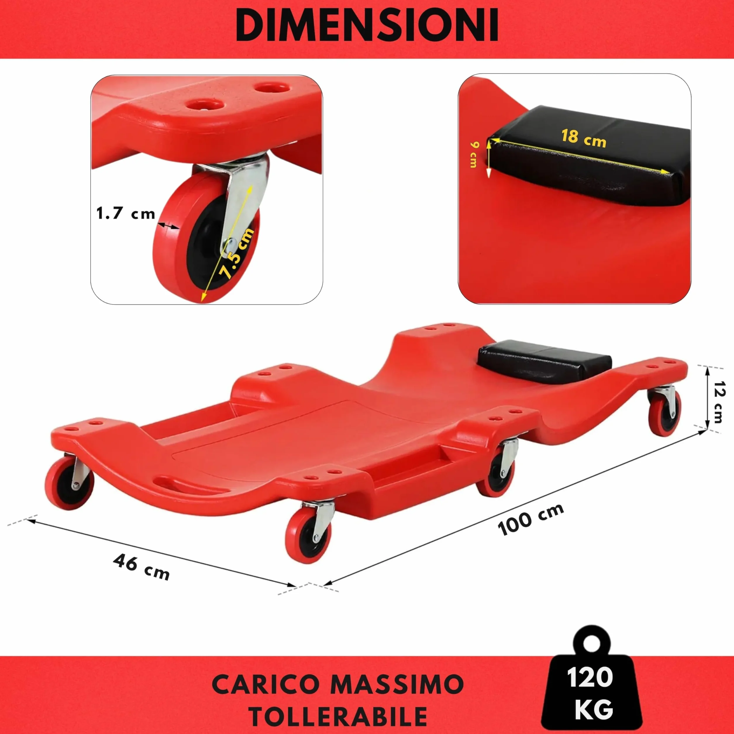 Yasta Carrello Sotto Auto da Meccanico 100cm Lettino Sottomacchina con Ruote e Poggia Testa per Officina