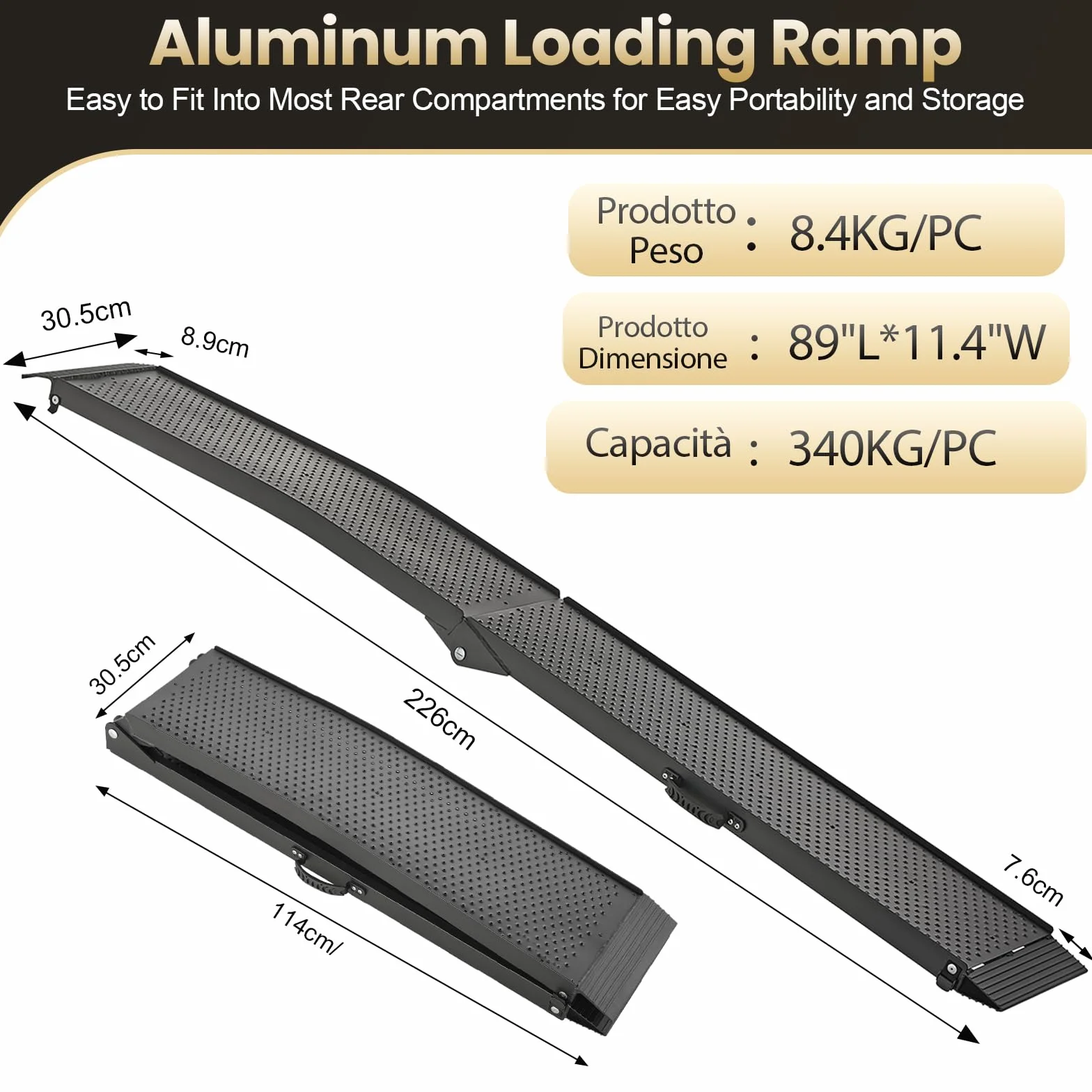 gardhom Rampe per Auto Pieghevole 340Kg Alluminio Rampe di Carico Portatile 228x28x4.5cm Rampa Moto, Adatta A Tosaerba, Biciclette e Quad