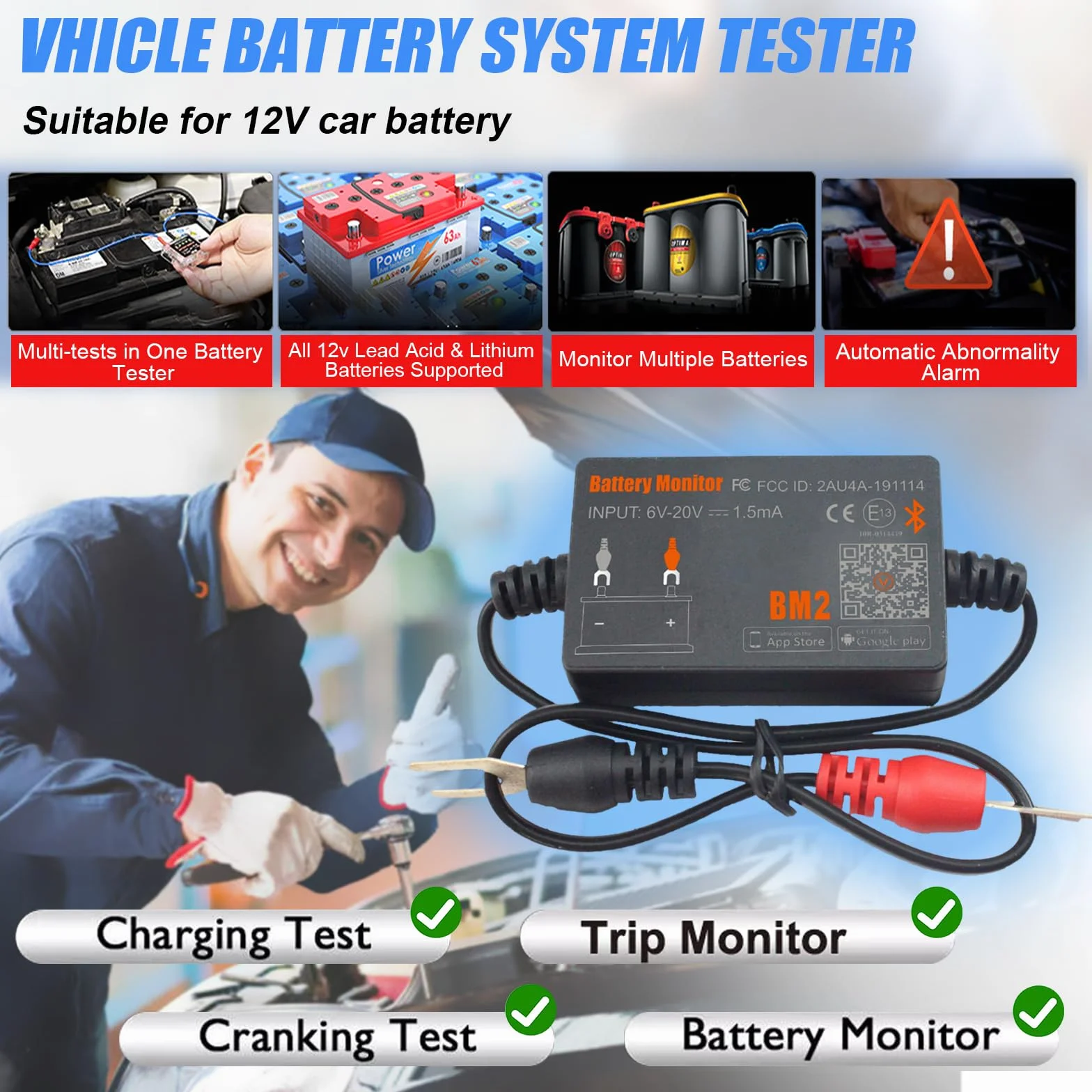 Monitor Batteria Bluetooth 4.0 Wireless Battery Tester, Car Charging Start e Alarm System Monitor Analizzatore Batteria Digitale Adatto a 12V Sistemi Solari Moto Barche Auto Compatibili Android iOS