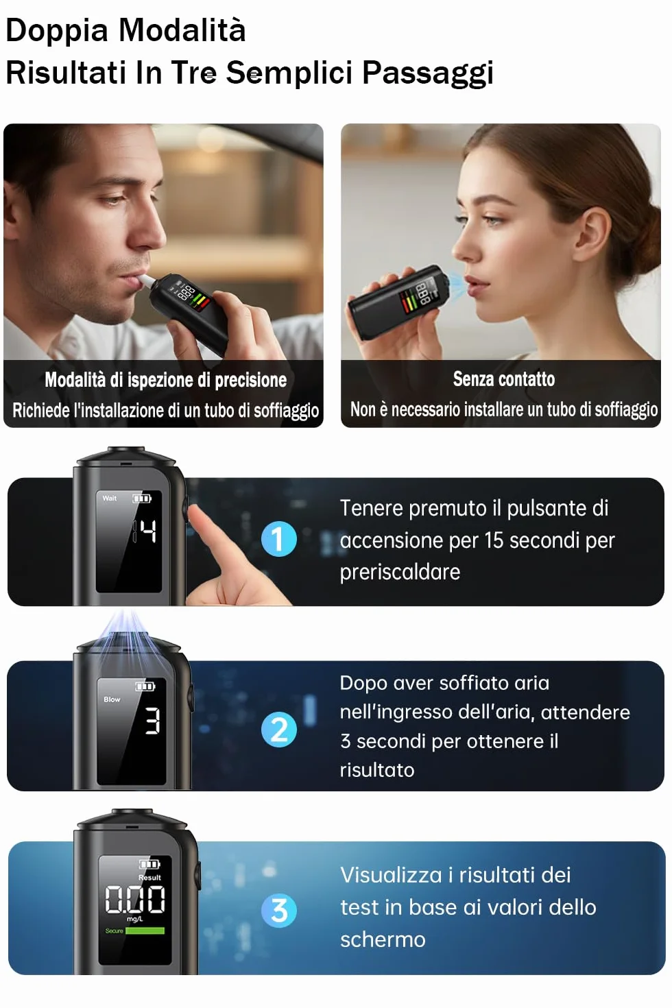 Etilometro Portatile Certificato CE, Alcol Test con Display Schermo LED, Alta precisione, Ricarica Type-C, Due metodi di Prova, con 8 bocchette, per Uso Personale Famiglia e Professionale