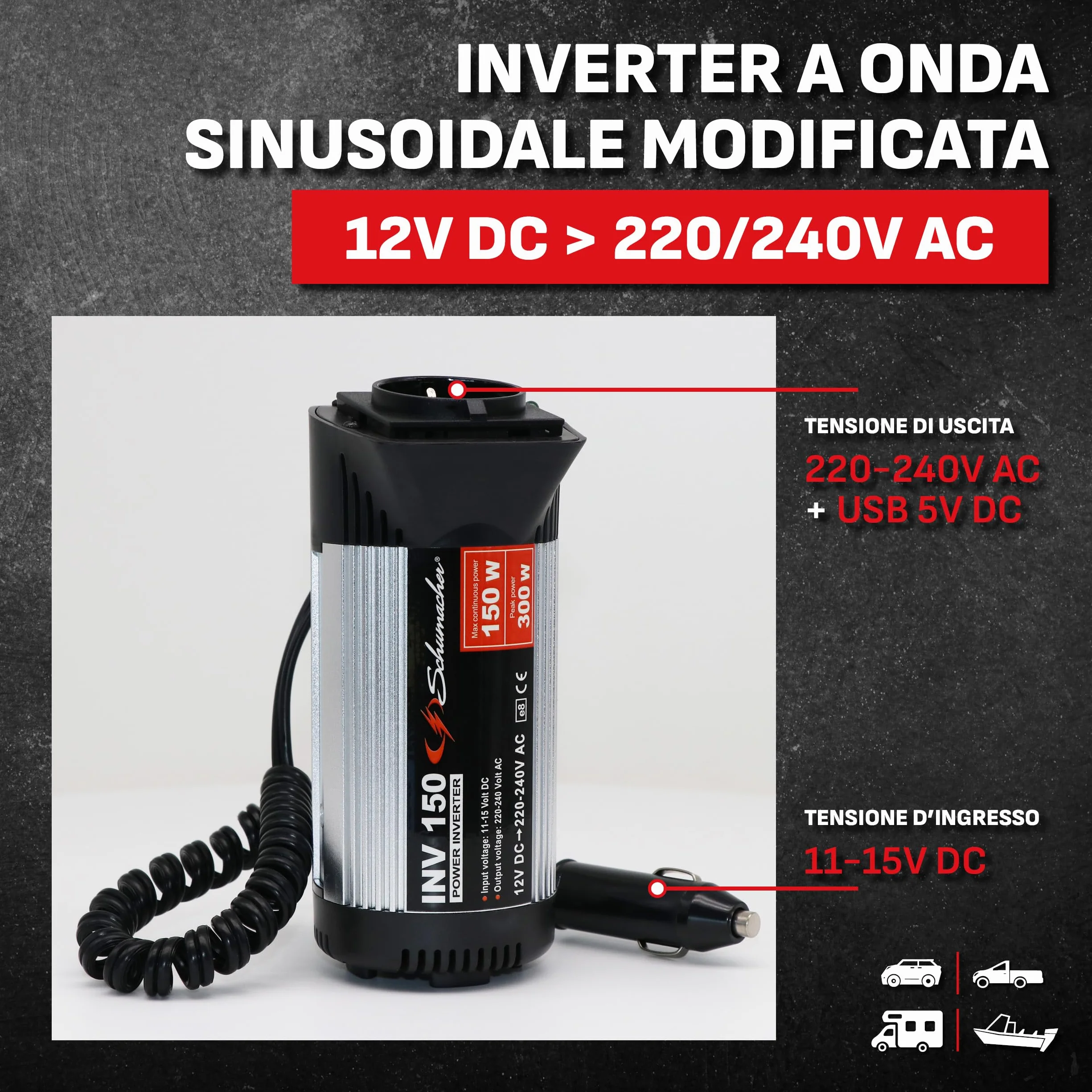 Schumacher Electric INV150 Inverter 12V 220V 300W con USB e Presa Accendisigari