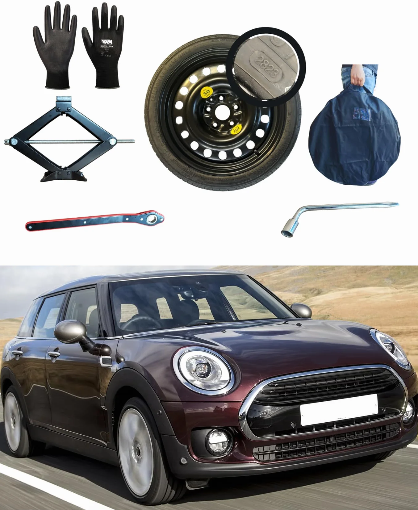Ruotino di Scorta 17" Mini Clubman Cooper D/S/SD F54 con Cric, Chiave, Guanti, Sacca