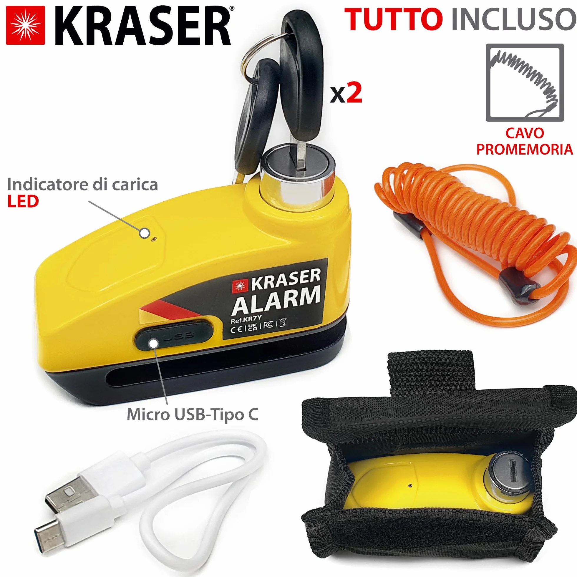 KRASER KR7Y Antifurto Moto Blocca Disco con Allarme 110dB, USB Batteria Ricaricabile, Sensori Movimento, Impermeabile Resistente Visibile, Blocco Veloce, Lucchetto Bloccadisco Sonoro 7mm Universale