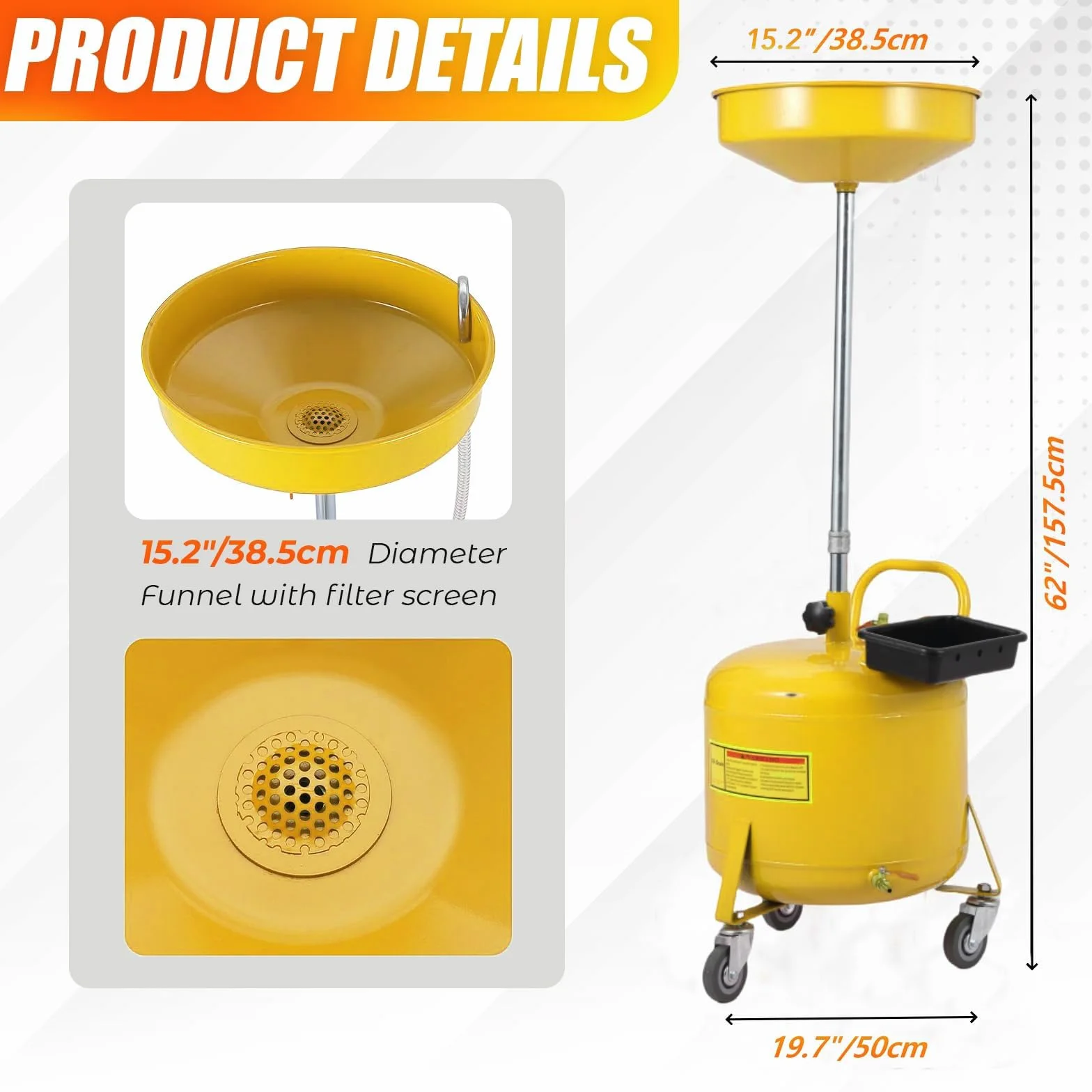 Serbatoio Raccolta Olio esausto 30L per Officina e Garage - Portatile con Ruote - Funzionamento Pneumatico - Altezza Regolabile 71-157cm - Imbuto Largo - Giallo
