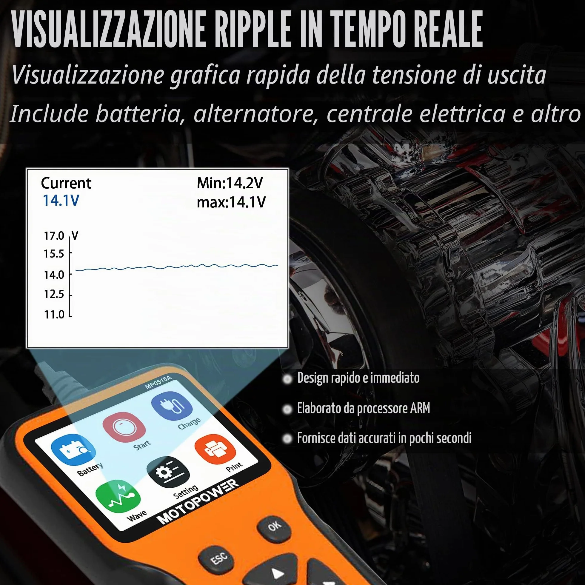 MOTOPOWER MP0515A 12V Tester di carica della batteria dell'auto e analizzatore dell'alternatore
