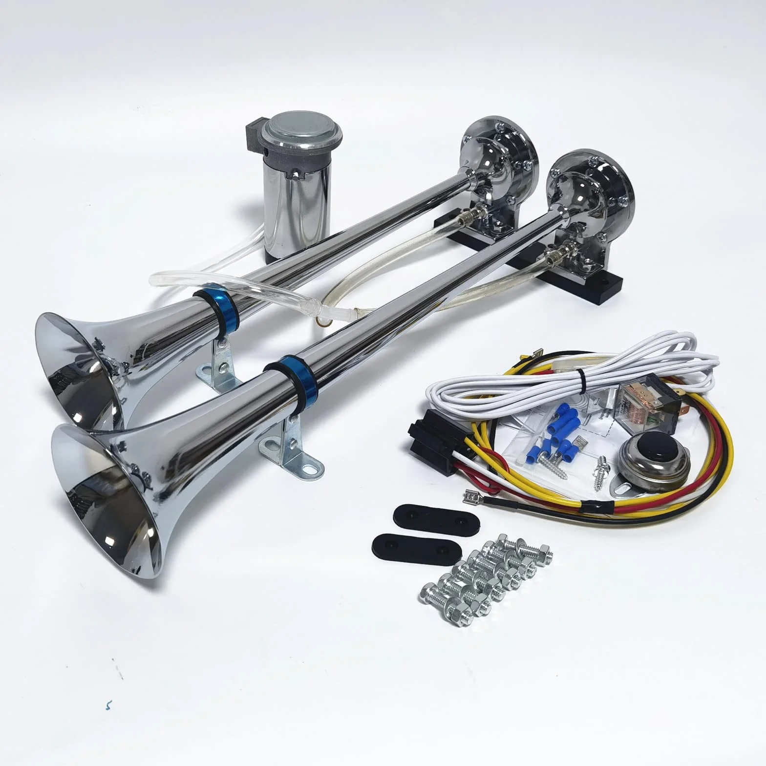 Tromba d'aria 12V Altoparlante argento 165db Staffa a fascia per avvisatore acustico per camion Tromba a doppio tubo in zinco cromato con clacson della pompa dell'aria Horn per 12V auto SUV ecc
