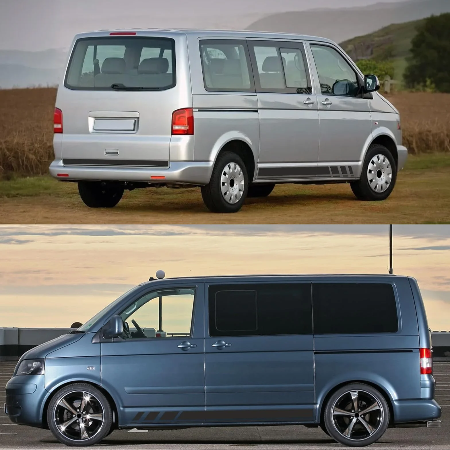 Strisce Laterali Sostituzione per VW T5 T6 T6.1 California 2003-2024, 2 Adesivi Laterali + 1 Adesivo Portellone Posteriore, Nero