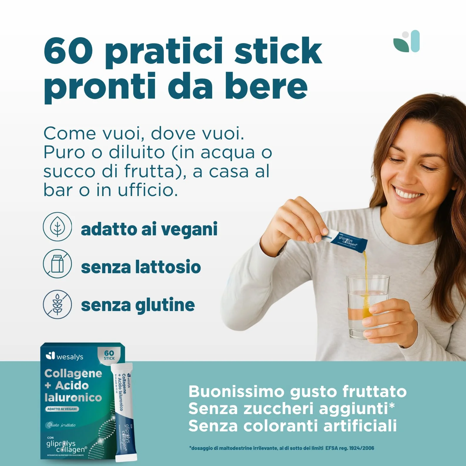 Collagene da Bere con Acido Ialuronico e Gliprolys® Integratore 60 Stick per Pelle Capelli Articolazioni