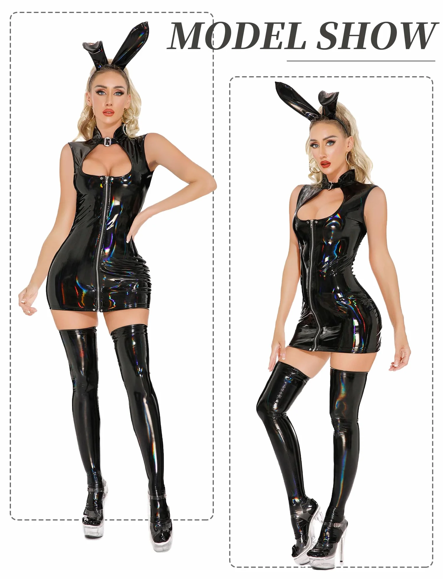 Effetto Bagnato Tuta da Donna in Pelle Elasticizzata con Brillantini, Senza Maniche, Lattice, Discoteca, XS-XL