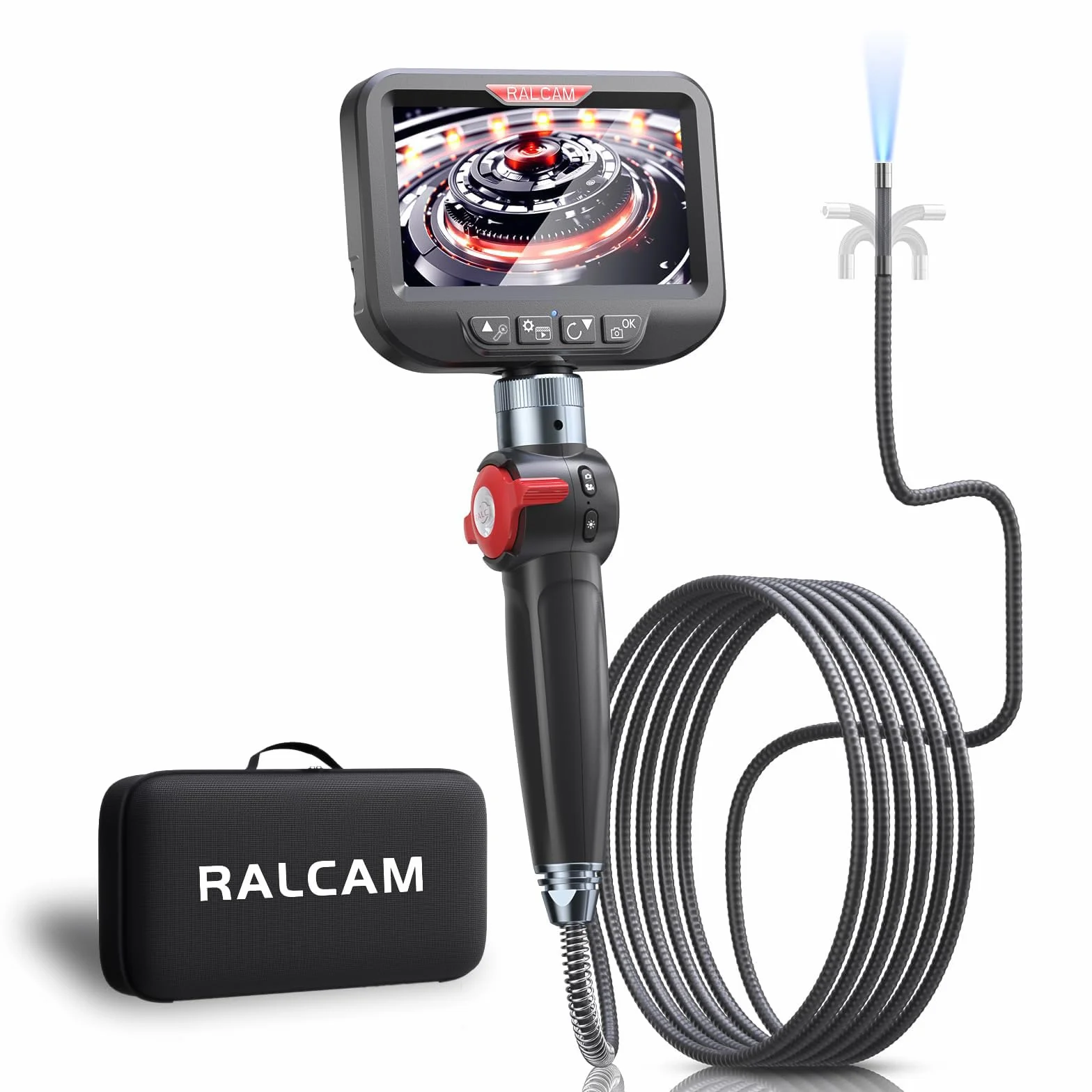 Ralcam Telecamera Endoscopica 4,3 Pollici 1080P HD Schermo LCD Sonda 8,5mm IP67 Impermeabile Boroscopio Snake 180° 10 LED 2M Cavo Semirigido