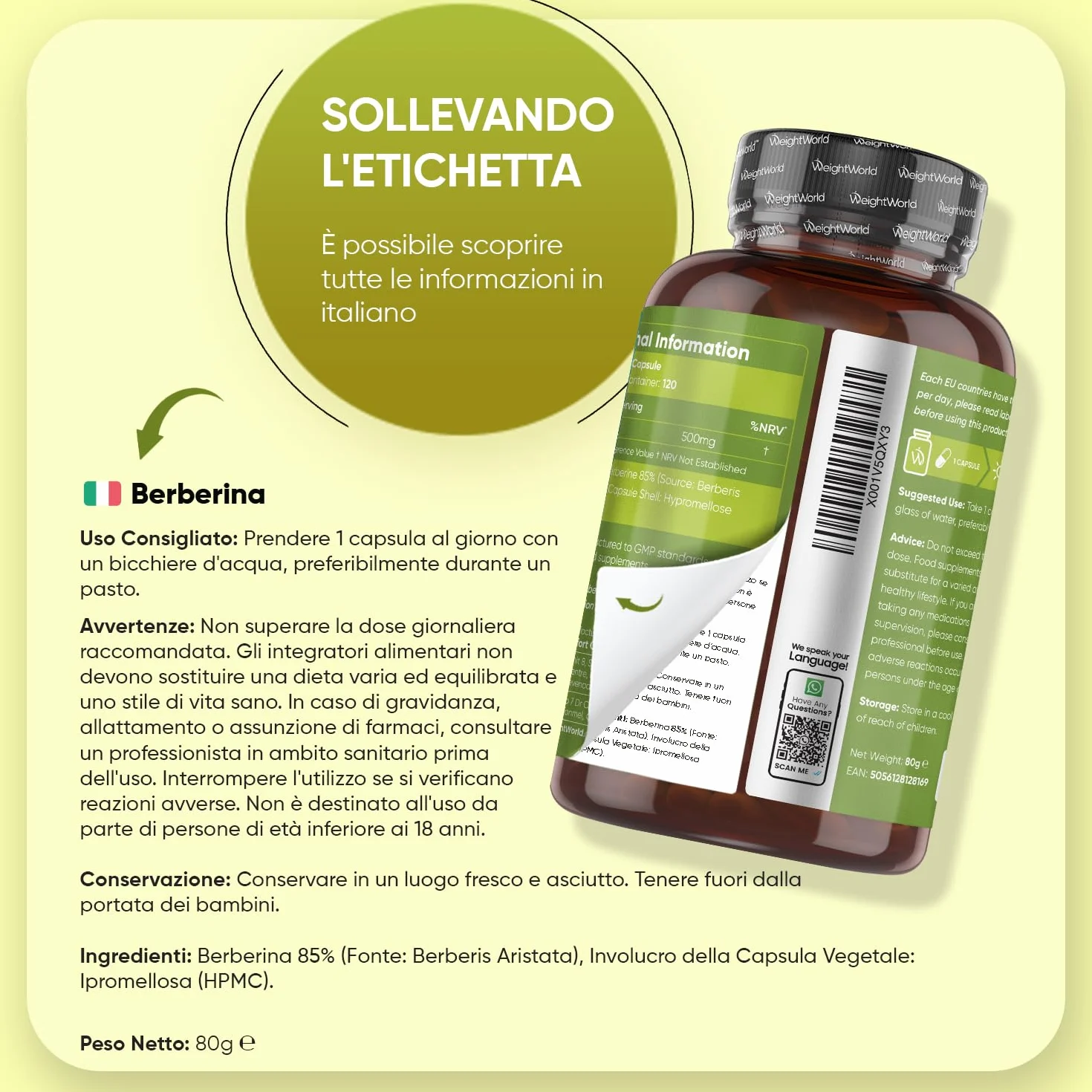 Berberina Vegana 500 mg Pura 85% Integratore 120 Capsule Berberis Aristata Senza Magnesio Stearato Prodotto in Europa