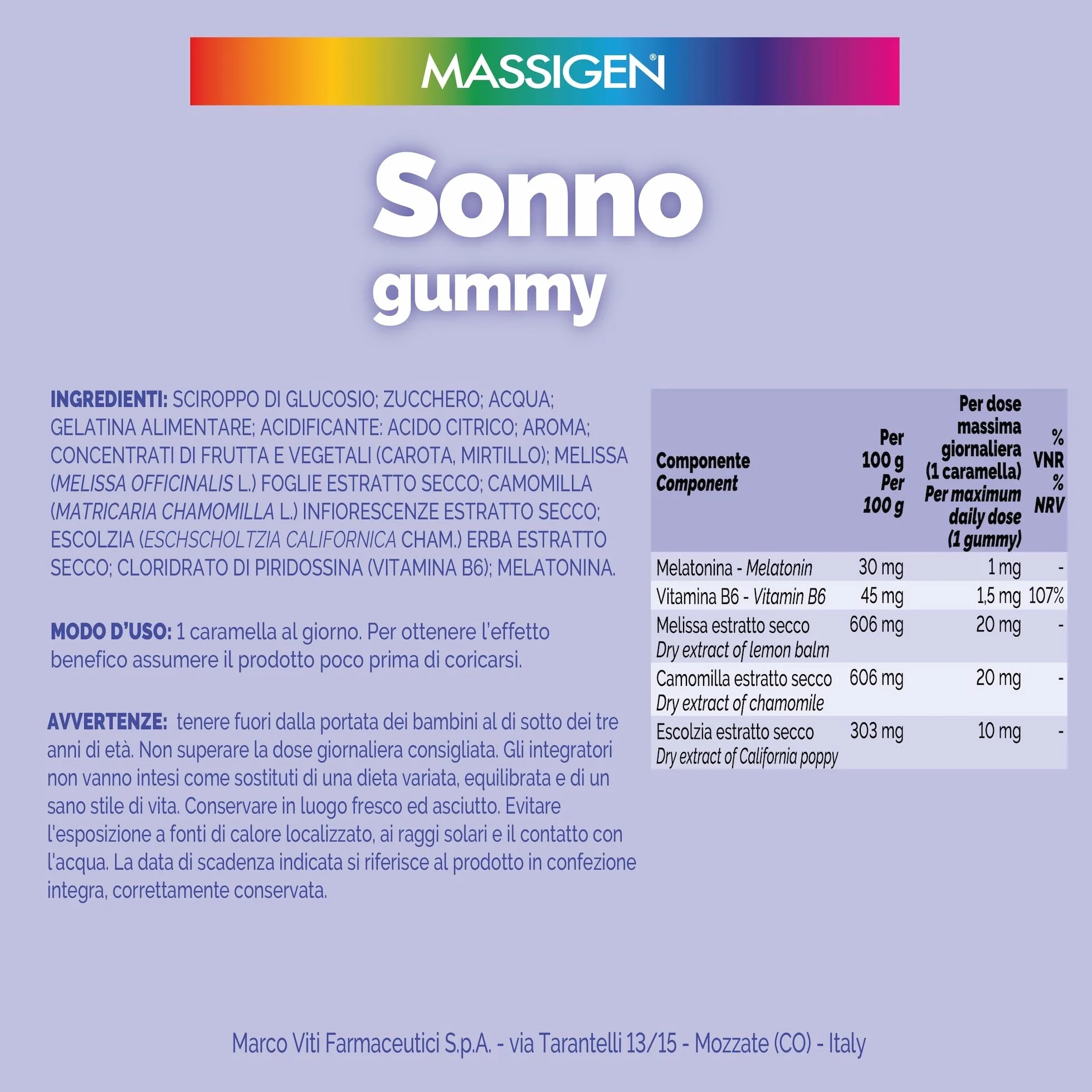 Massigen Sonno Gummy Integratore Alimentare con Melatonina e Estratti Naturali, 60 Caramelle da 3,3 g
