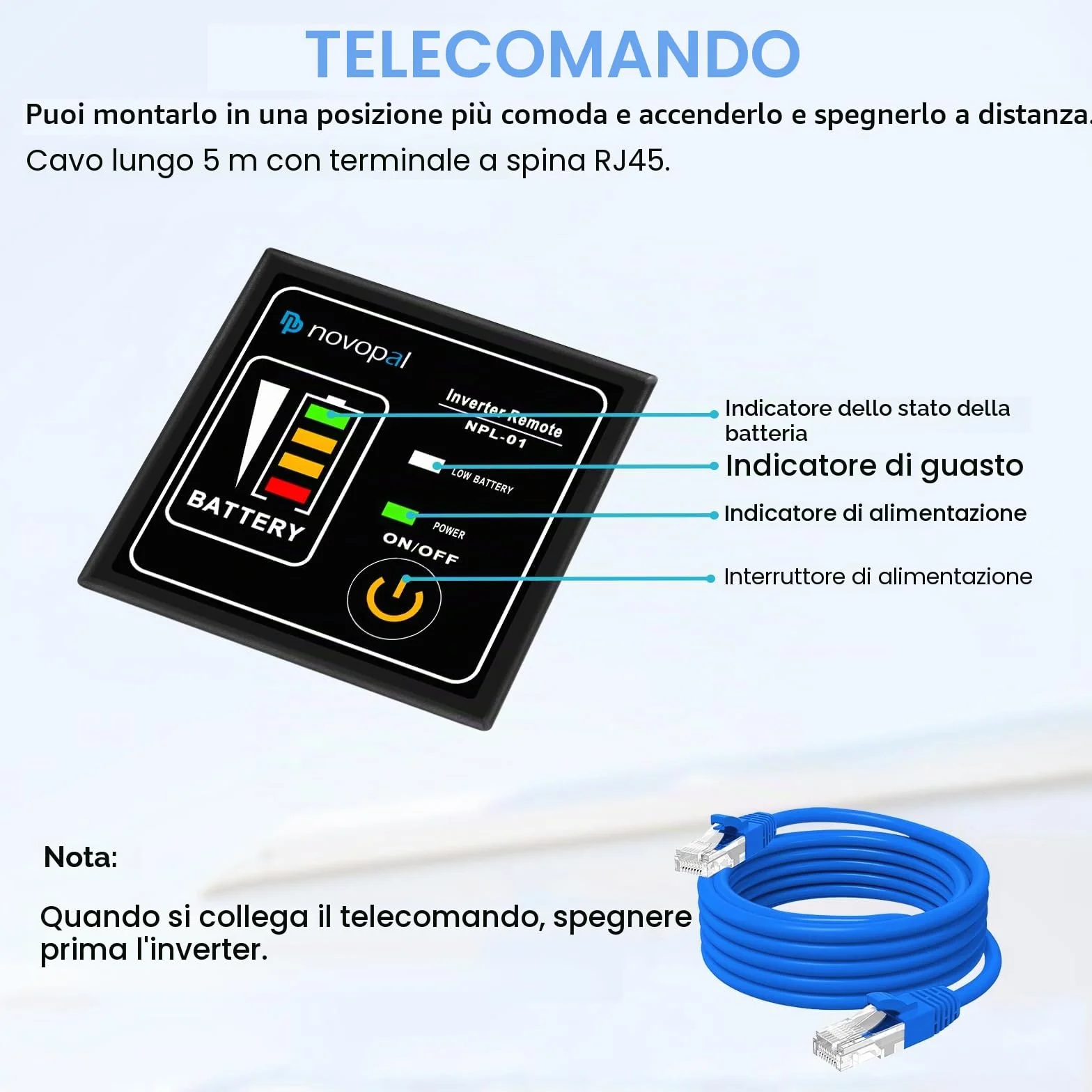 Novopal Inverter Onda Sinusoidale Pura 1500W DC 12V AC 220V 230V Convertitore di Tensione con Telecomando 5M