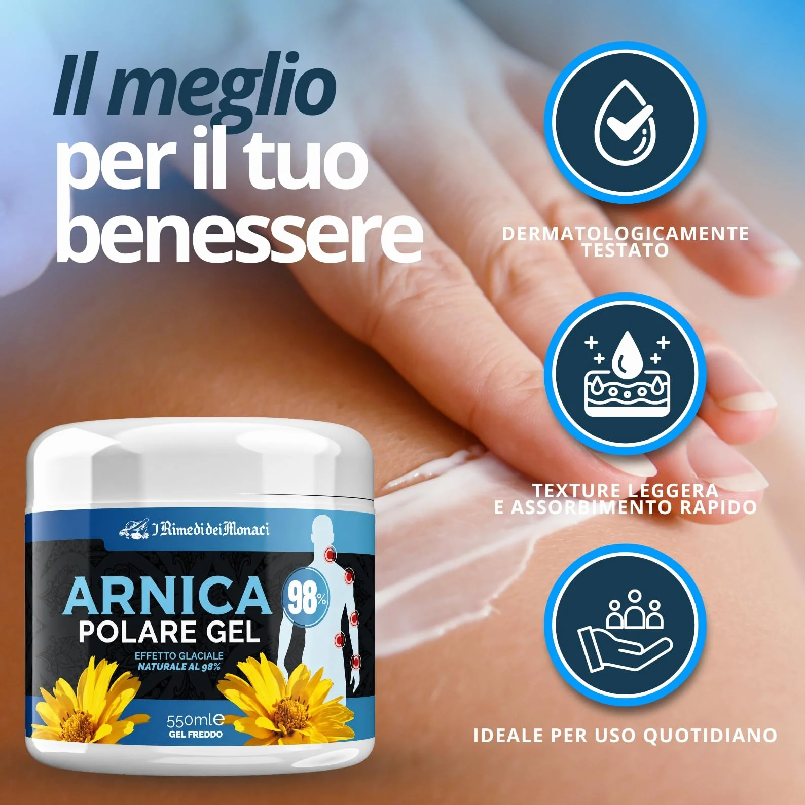Gel Arnica Effetto Freddo Glaciale 550ml Gambe Effetto Ghiaccio con Mentolo Mirtillo Diosmina Menta Sollievo Muscoli Affaticati Made In Italy