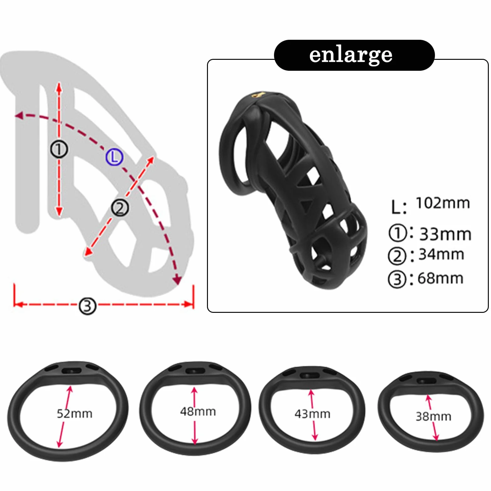 BDSMYOU Gabbia per Pene Chastity Cage Sex Toys, Gabbia di Castità in Resina 3D per Uomo, con Lucchetto Invisibile e 4 Anelli per Testicoli, BDSM Bondage (XXL)
