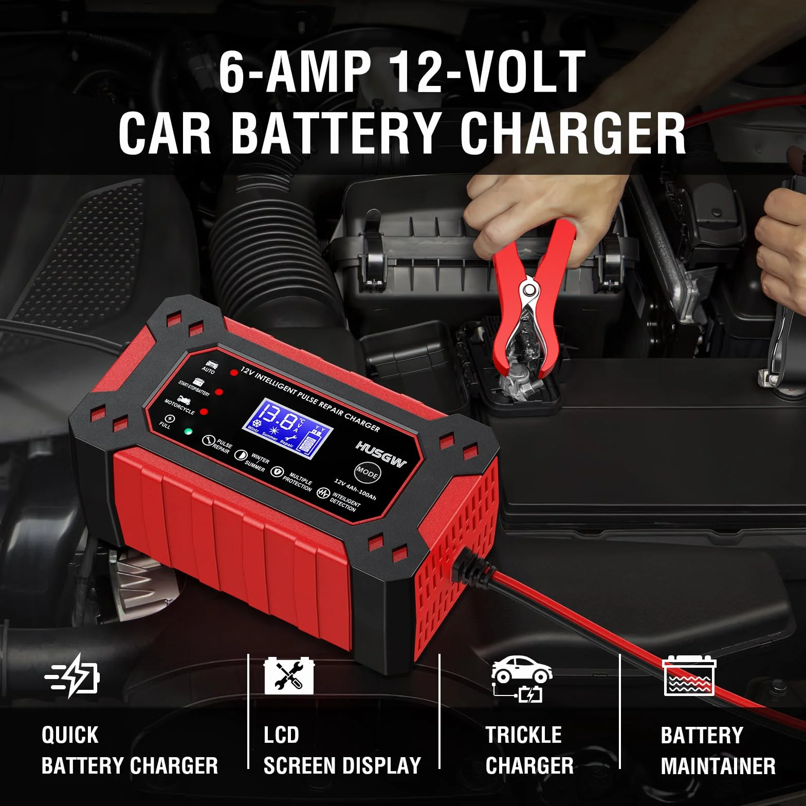 Caricabatterie Intelligente 12V 6A con Riparazione Automatica Display LCD per Auto Moto Camion AGM Gel SLA 2-100Ah