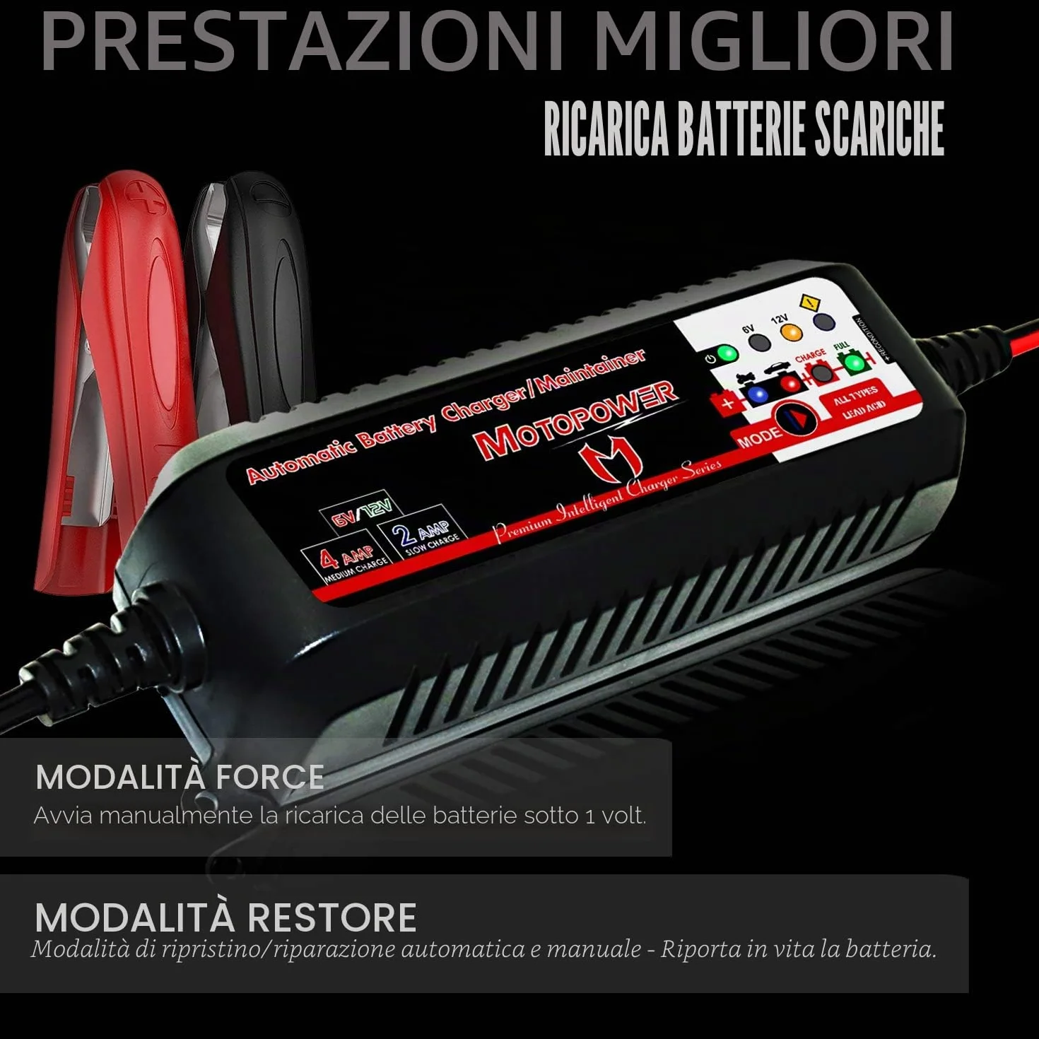 MOTOPOWER Caricabatterie Intelligente 6V/12V 4A Automatico Maintainer