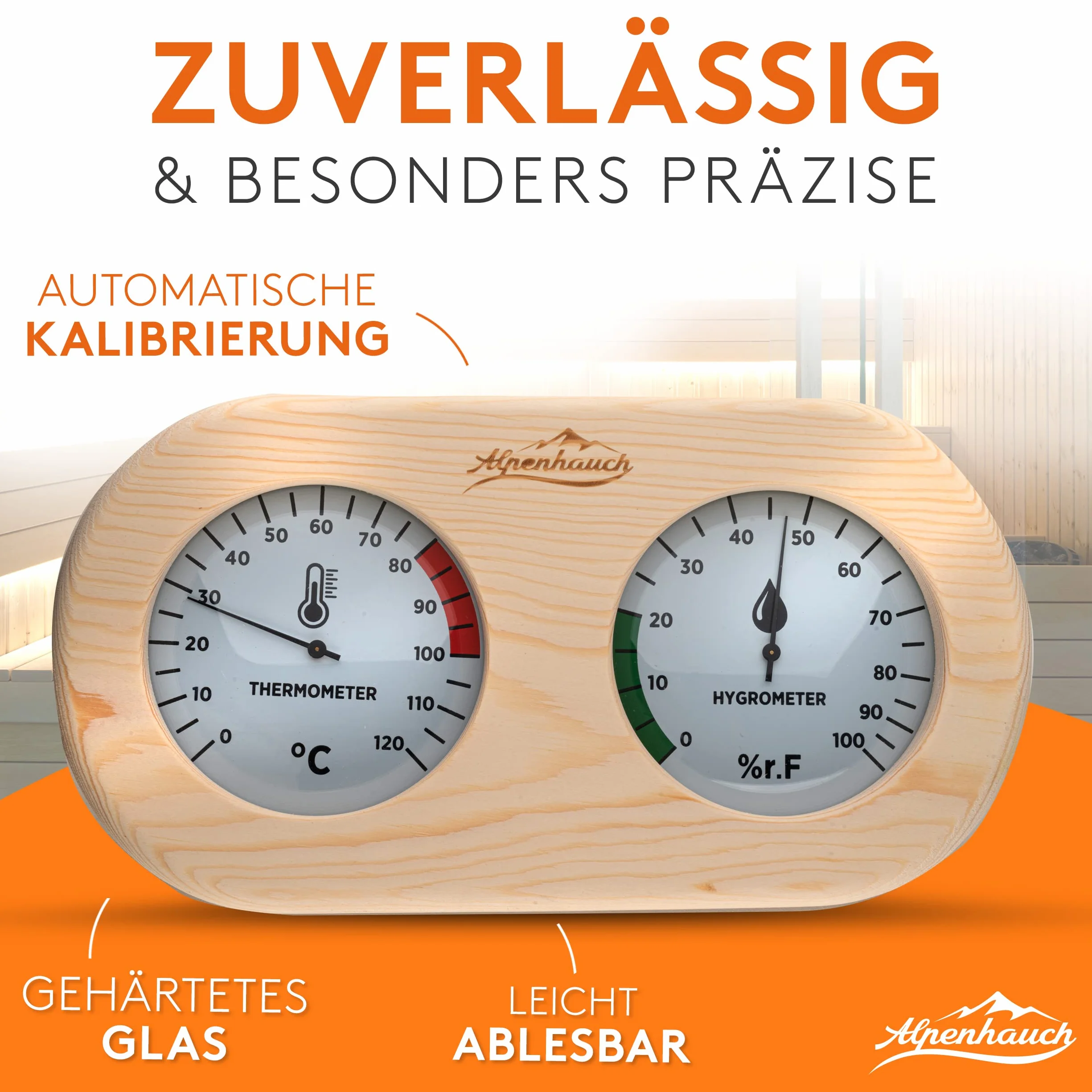 ALPENHAUCH Termometro da sauna igrometro in legno 2 in 1 con vetro temperato calibrazione automatica