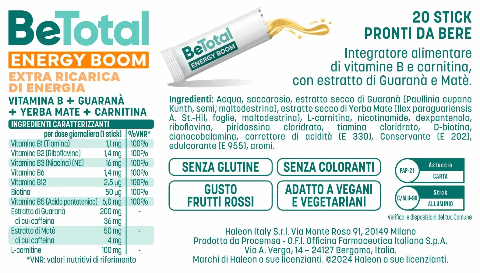 Betotal Energy Boom Integratore Alimentare con Vitamine B, Guaranà, Mate e Carnitina, Gusto Frutti Rossi, 20 stick liquidi