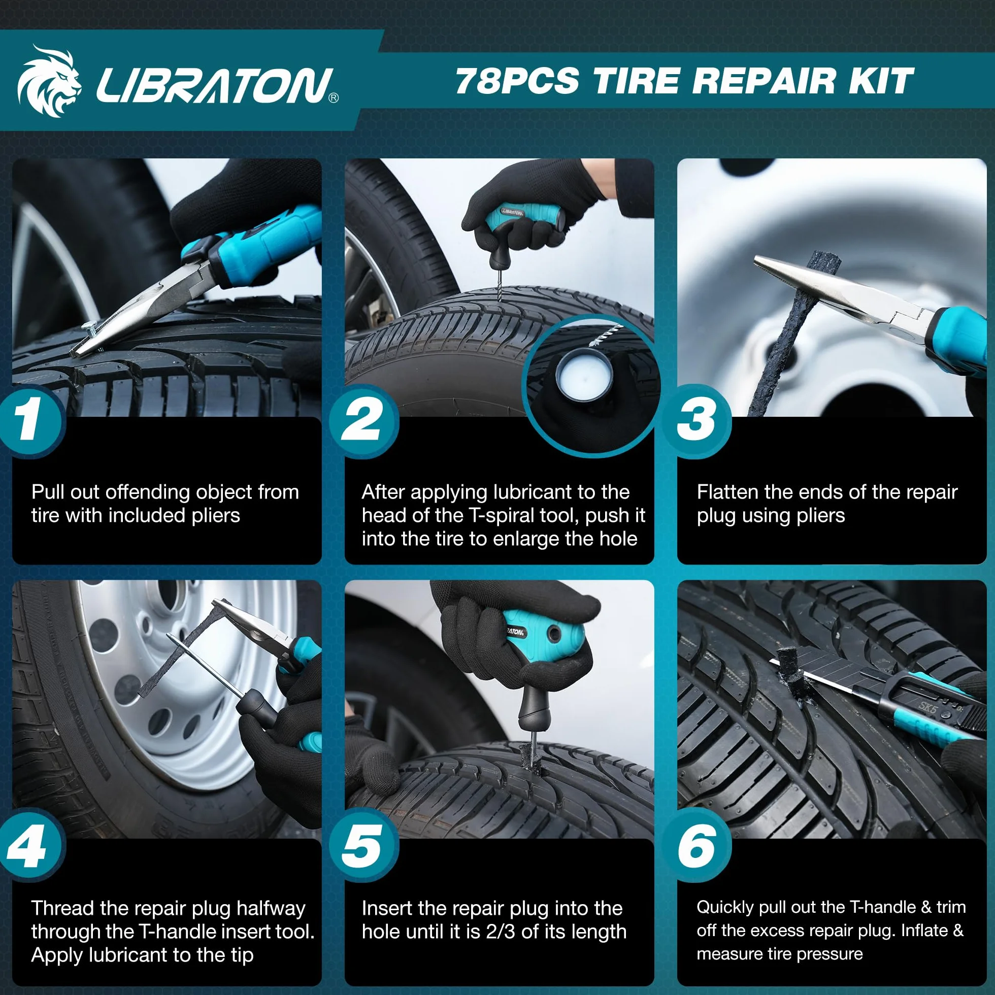 Libraton Kit Riparazione Pneumatici Auto Professionale per Fori e Puncture Tubeless
