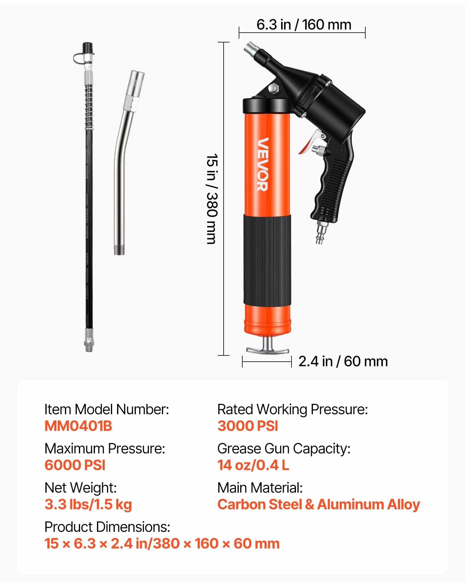 VEVOR Pistola per Grasso Pneumatica 6000 PSI Alta Pressione, Kit con Impugnatura 0,4 L, 2 Ugelli Piatti