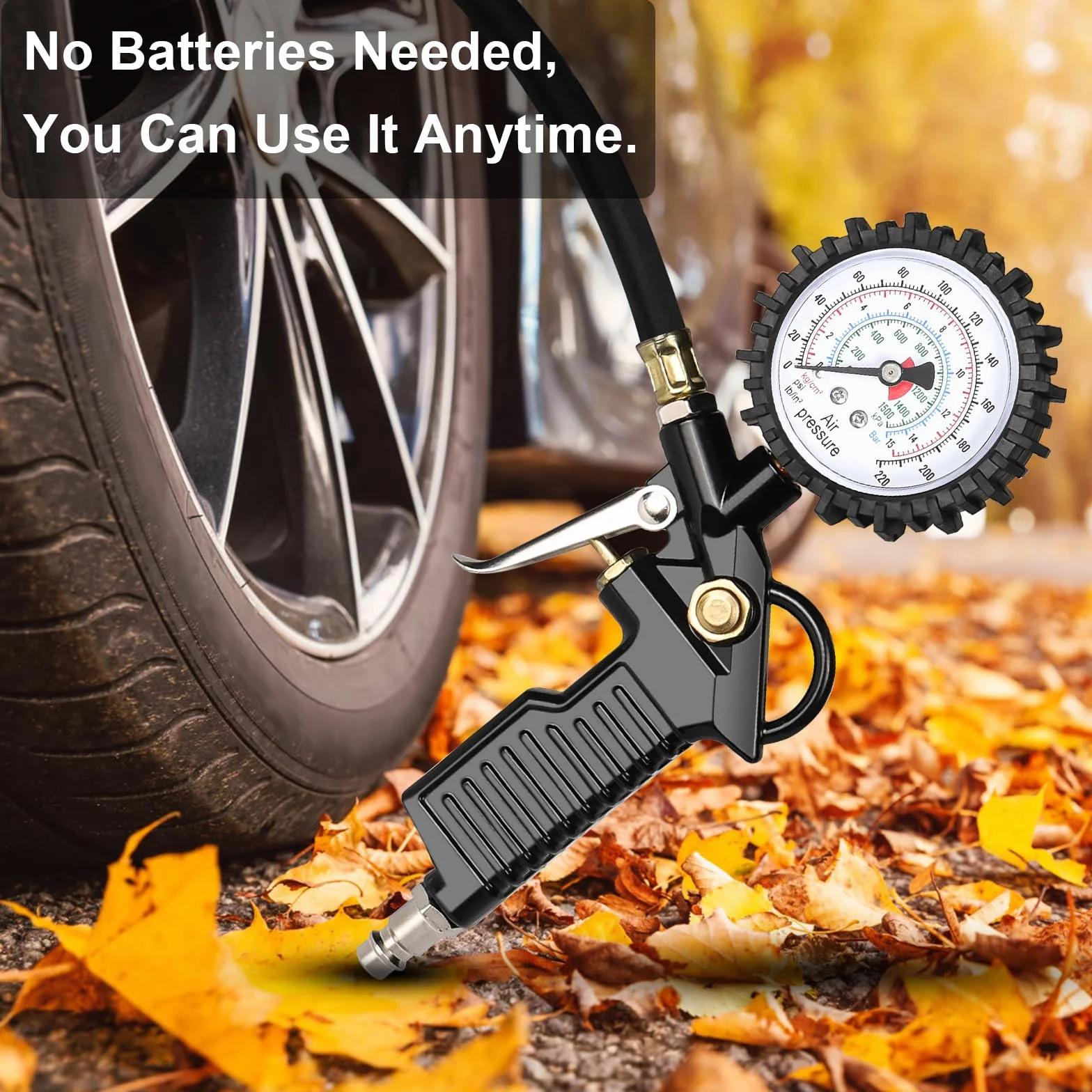Manometro Pressione Gomme 220 PSI 16 BAR con Tubo Flessibile per Auto Moto