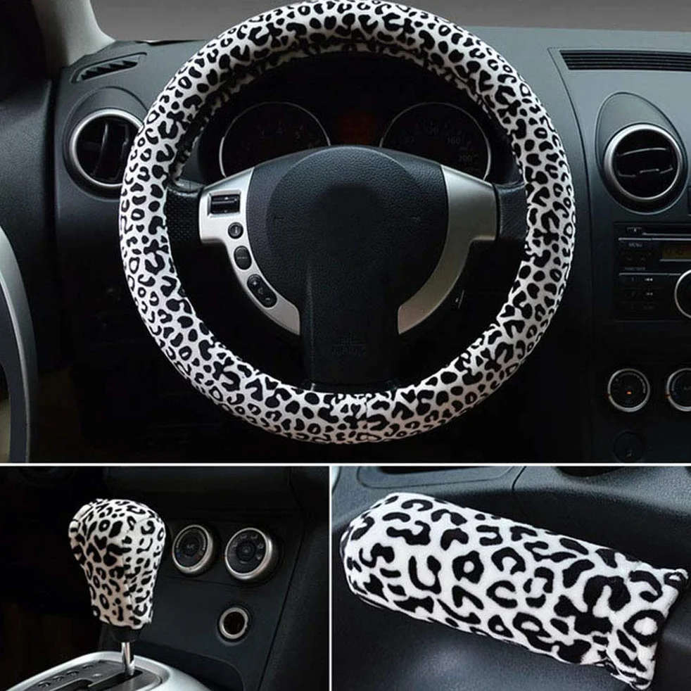 Coprivolanti 3 in 1 morbido leopardato per auto impugnatura freno a mano copri leva cambio corto caldo invernale per donna (Standard,bianco)