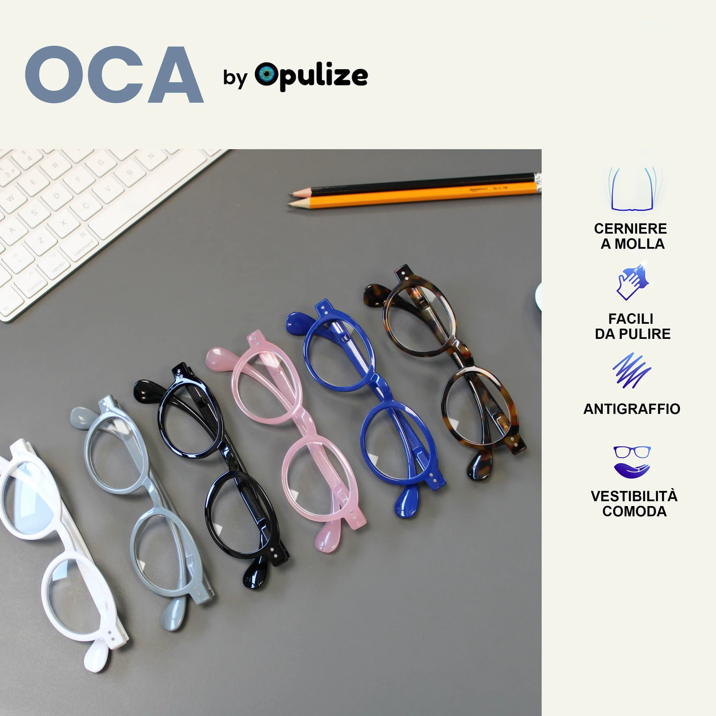 OPULIZE OCA Occhiali da lettura Montatura Moderna Retró Rotonda Bianco brillante Cerniere a molla R54-W +1.00