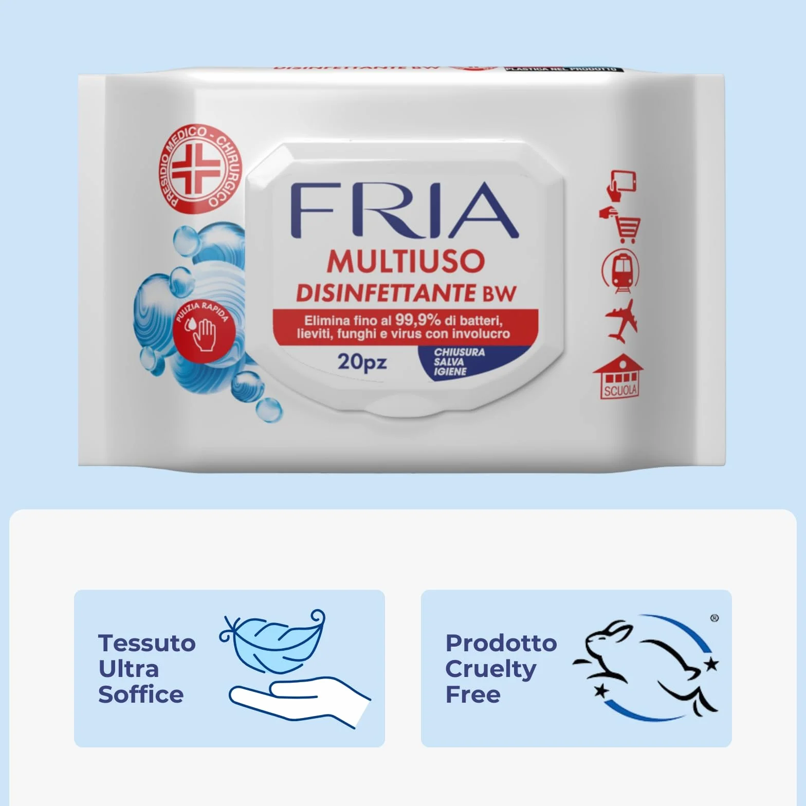 Fria Multiuso Disinfettante BW Salviette 20 Pezzi Presidio Medico Chirurgico