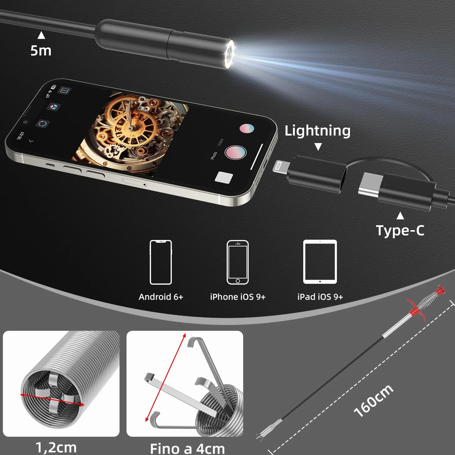 Endoscopio Per Smartphone Telecamera Endoscopica 1920P HD IP67 5M 8 LED