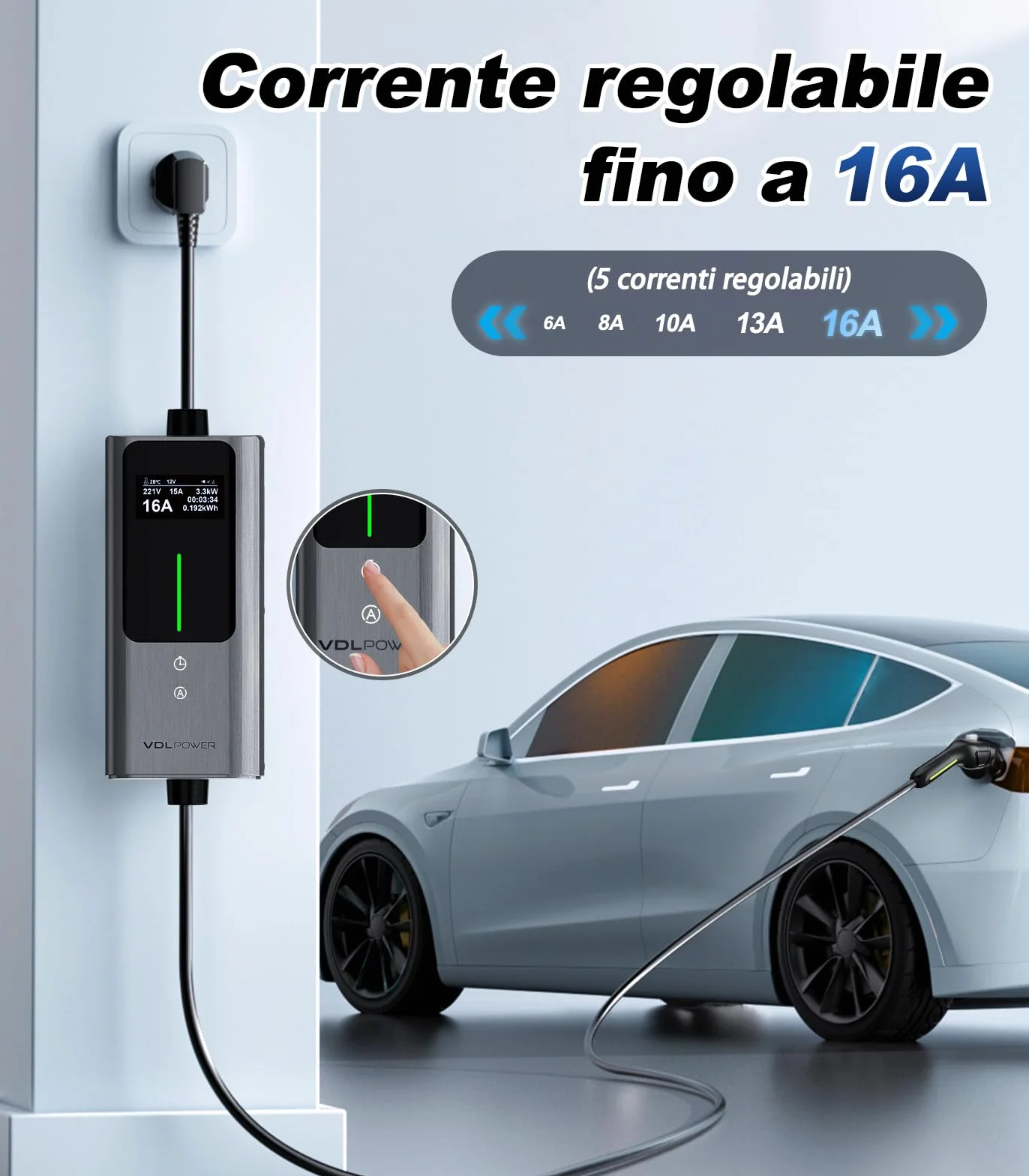 Cavo Ricarica Auto Elettrica 5m 3,6kW 16A Tipo 2 Schuko Wallbox LCD Controllo Digitale