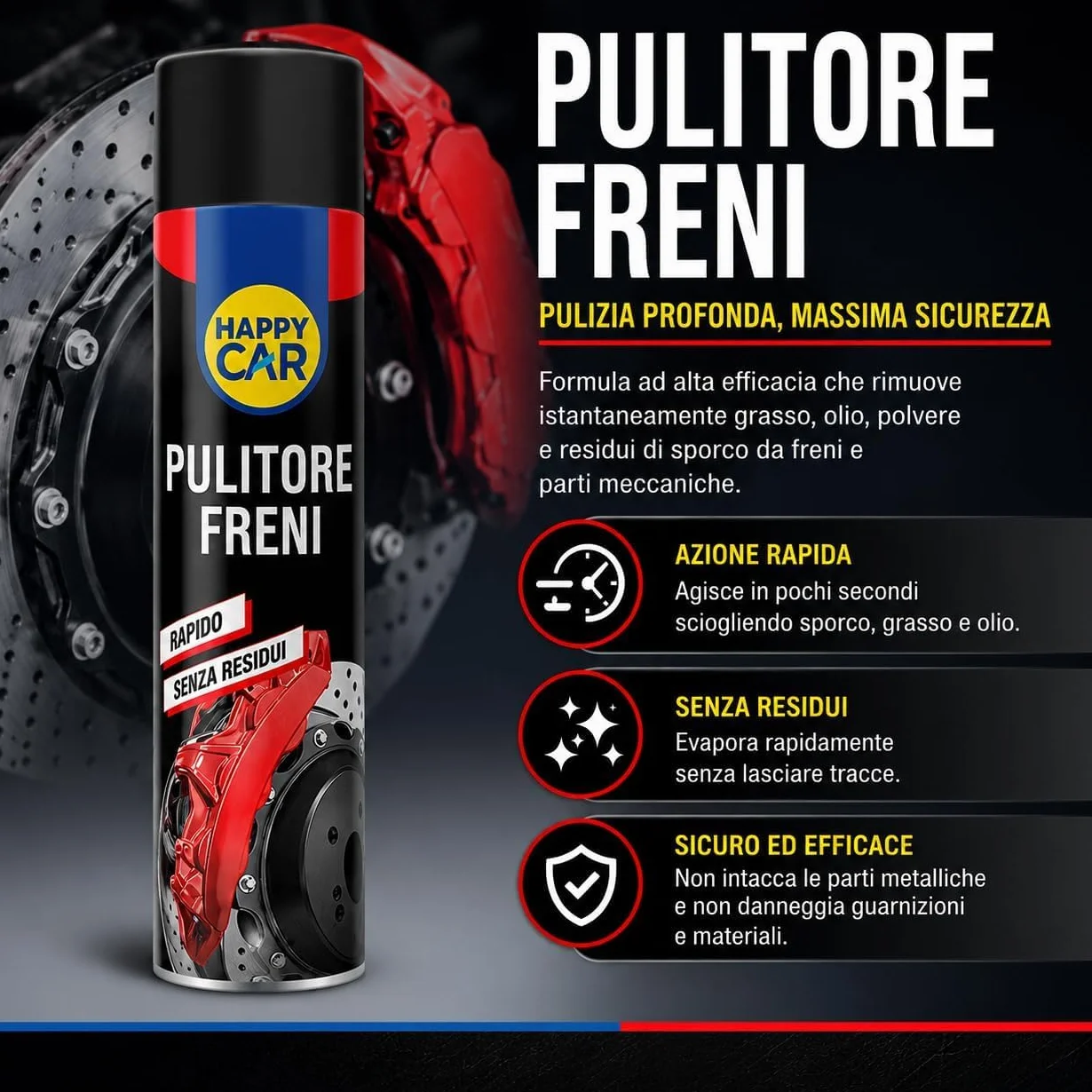 HappyCar Pulitore Freni Spray per Pulizia Auto e Moto 600ml - Detergente Professionale per Dischi, Tamburi e Pinze - Rimuove Grasso, Olio e Polvere - Made in Italy (3 unità)