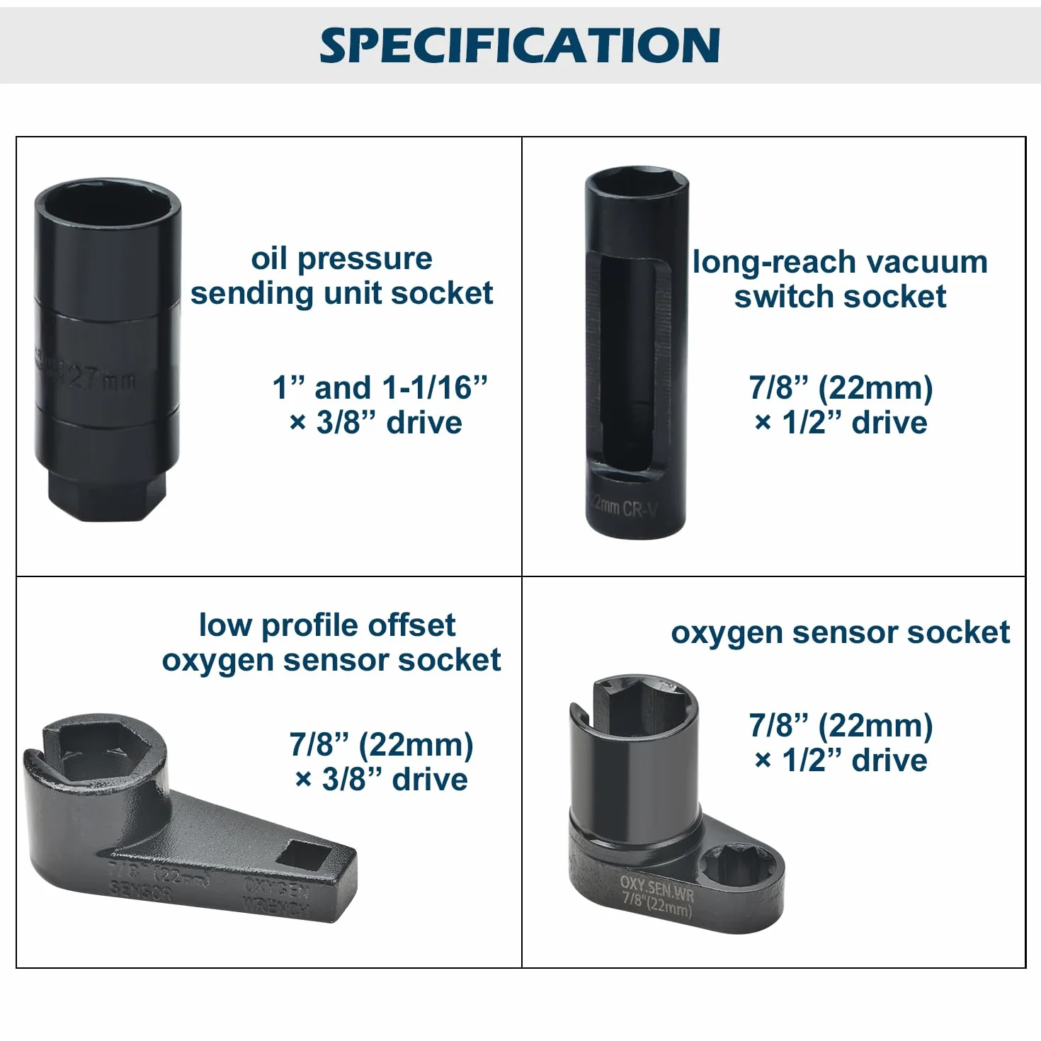 Chiave Sonda Lambda 22mm 27mm 29mm Kit Bussole Sensore Ossigeno O2 Attacco 3/8" 1/2" 10 Pezzi