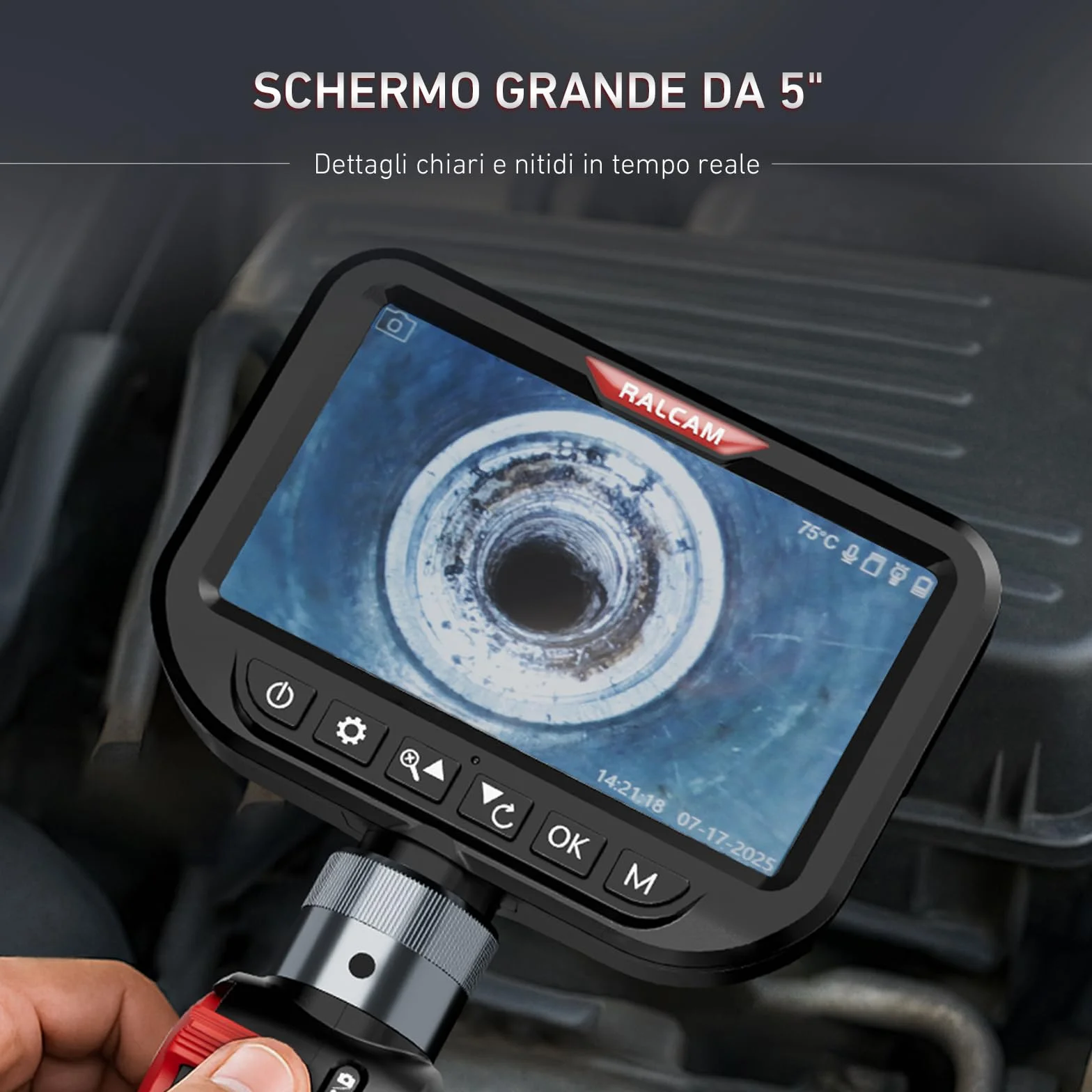 Ralcam Telecamera Endoscopica 3.9mm 5" HD IP67 Impermeabile Cavo 1.5m