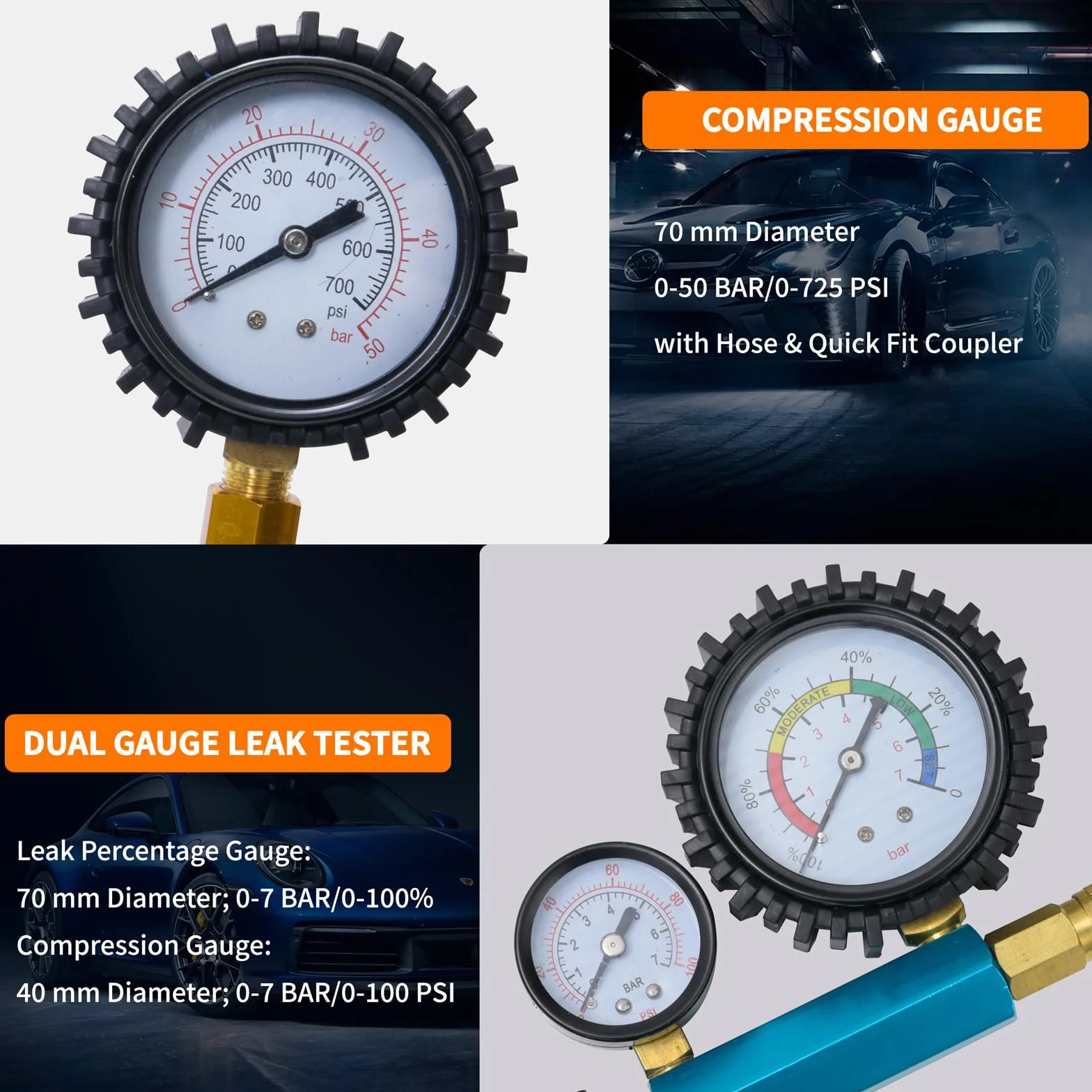 46pz Tester Compressione e Perdite per Motori a Benzina & Diesel, Prova Compressione Motore, Tester di Perdita di Pressione per la Maggior Parte di Auto, Camion, Motociclette