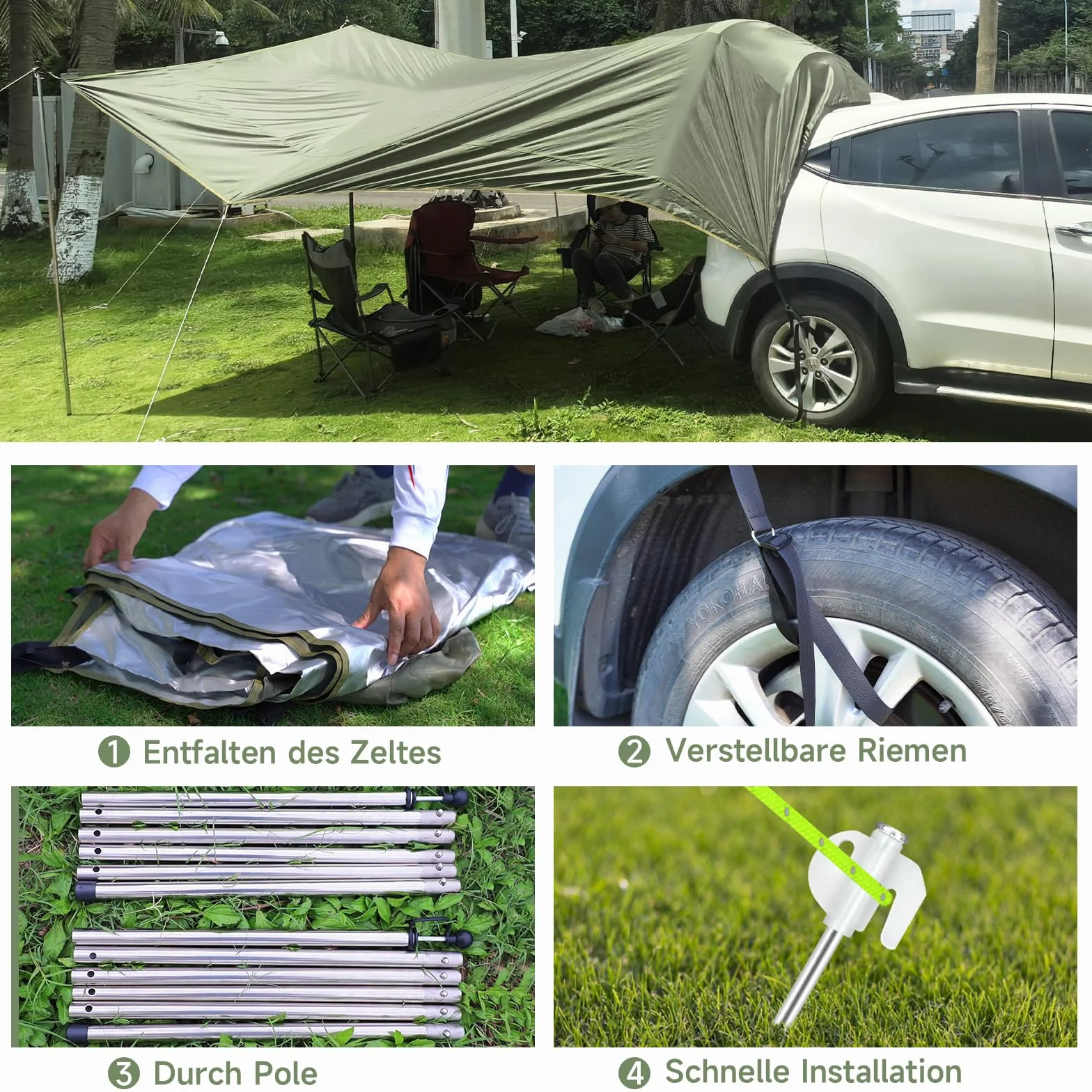 Tenda da Sole per Auto Impermeabile Antistrappo con Palo Regolabile per Camper Veranda